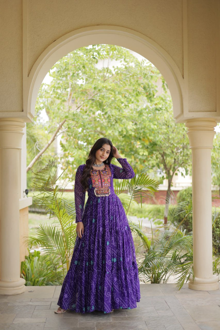Premium Faux Georgette Navratri Gown with Bandhani Print & Kutchi Patchwork