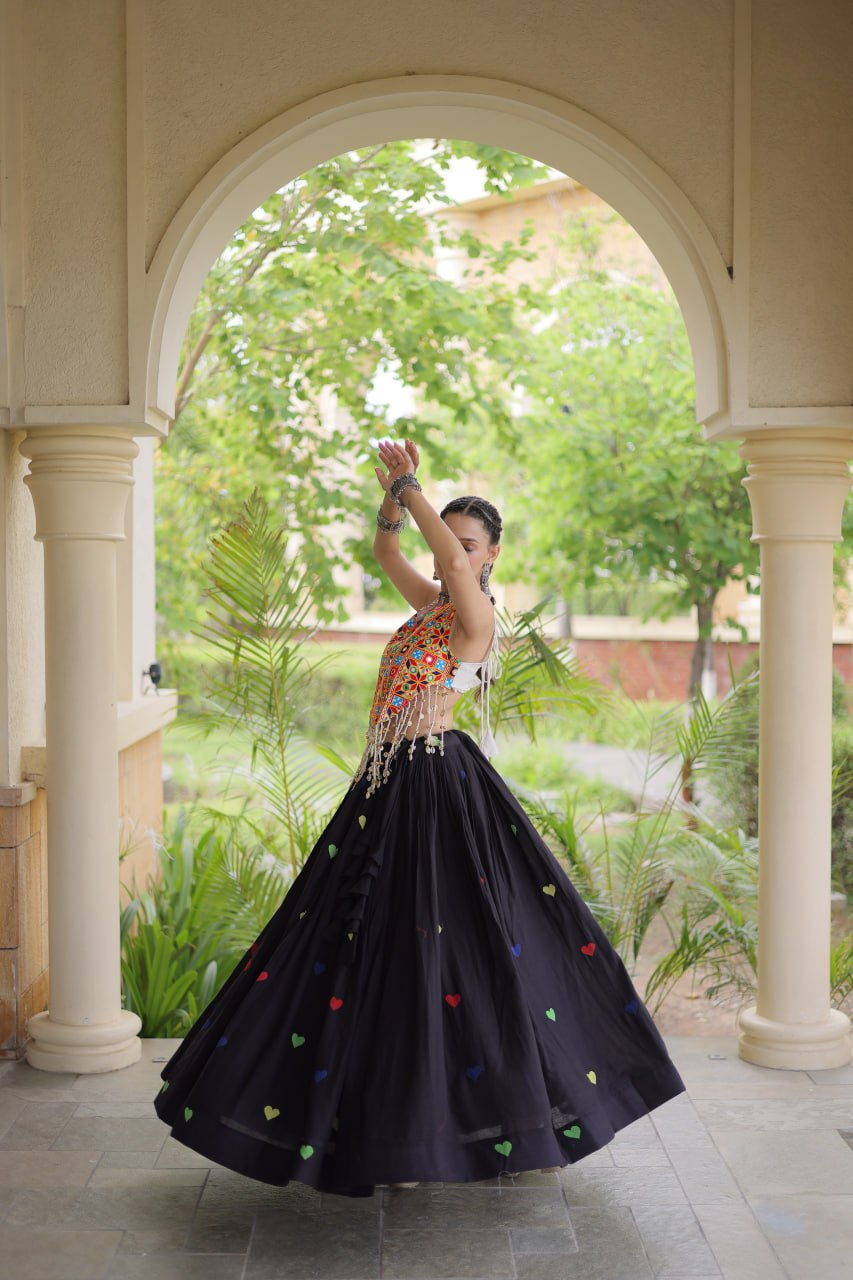 Premium Cora Cotton Navratri Lehenga Choli with Heart Thread Embroidery & Gamthi Mirror Work
