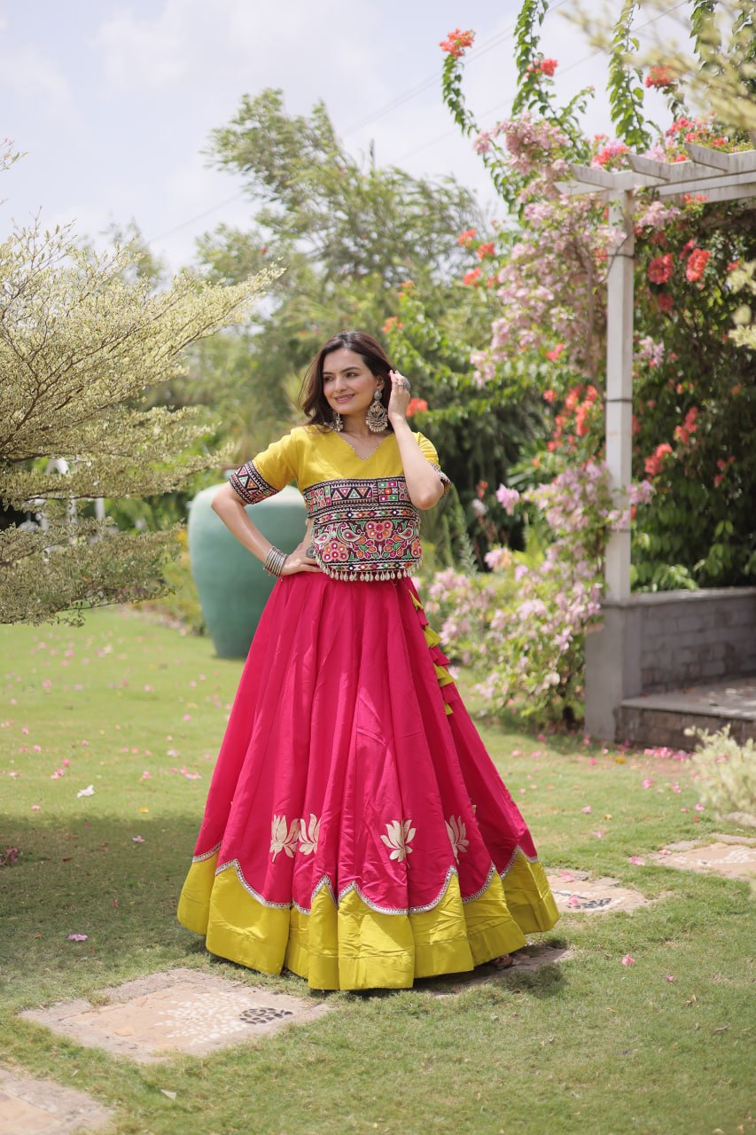 Premium Roman Fabric Navratri Lehenga Choli with Gota & Mirror Work