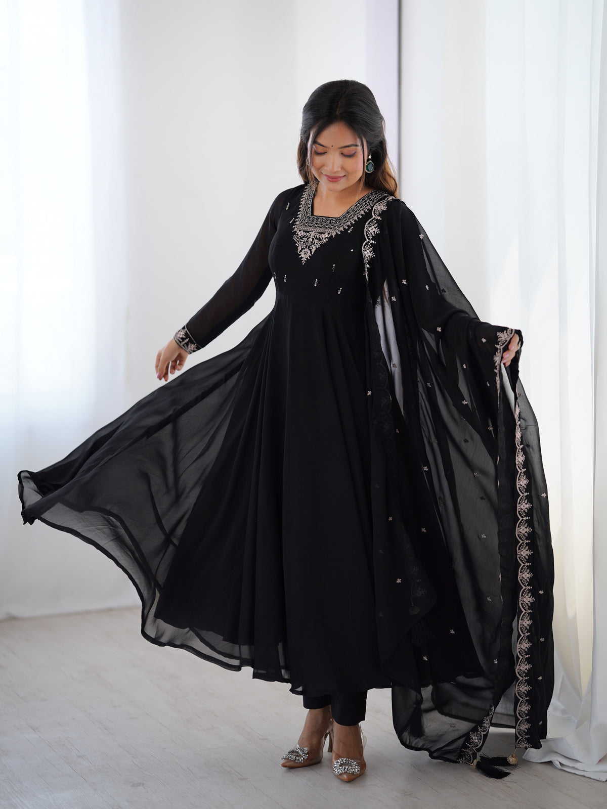 Premium Fox Georgette Anarkali Suit with Beads, Jari Work, 6.5 Meter Flair & Embellished Dupatta