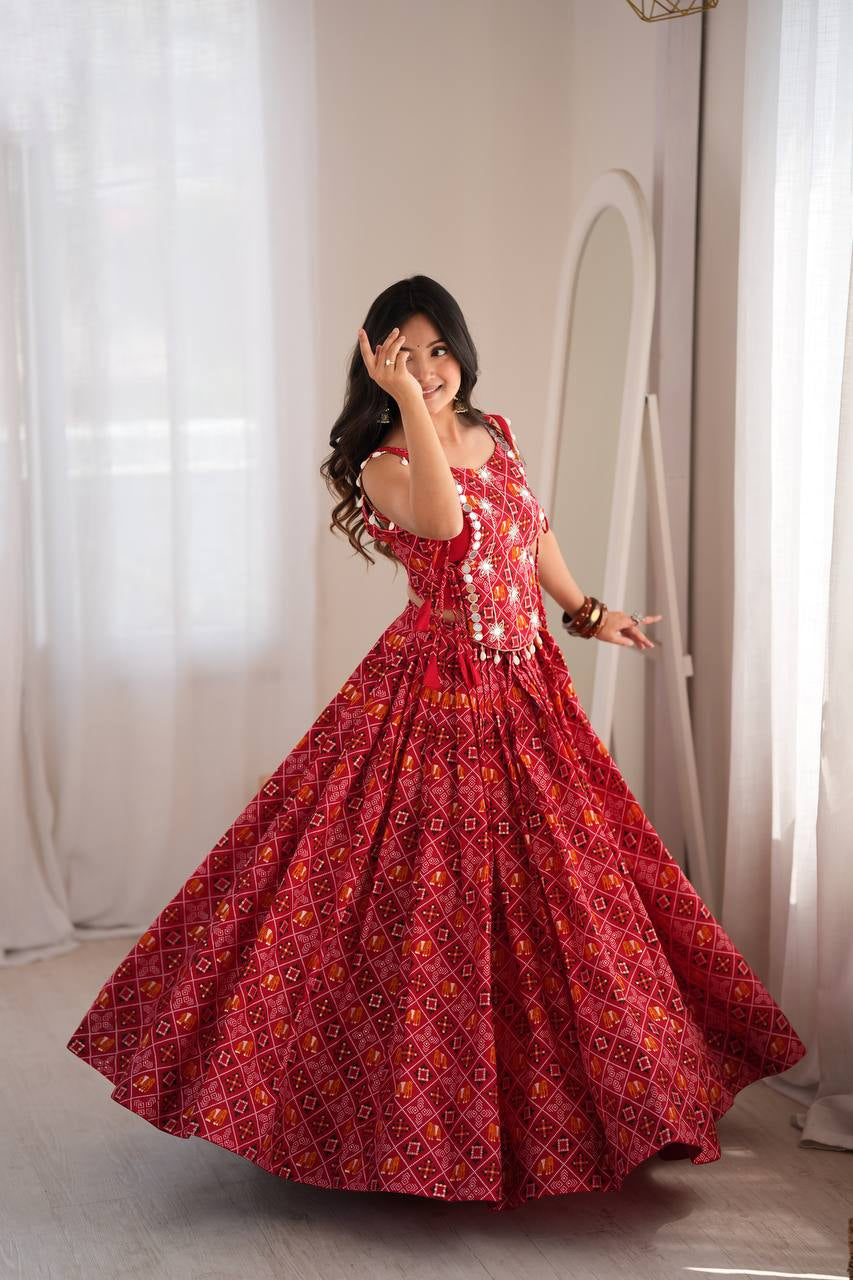 Premium Heavy Rayon Digital Print Lehenga Choli with Embroidered Mirror Work Koti