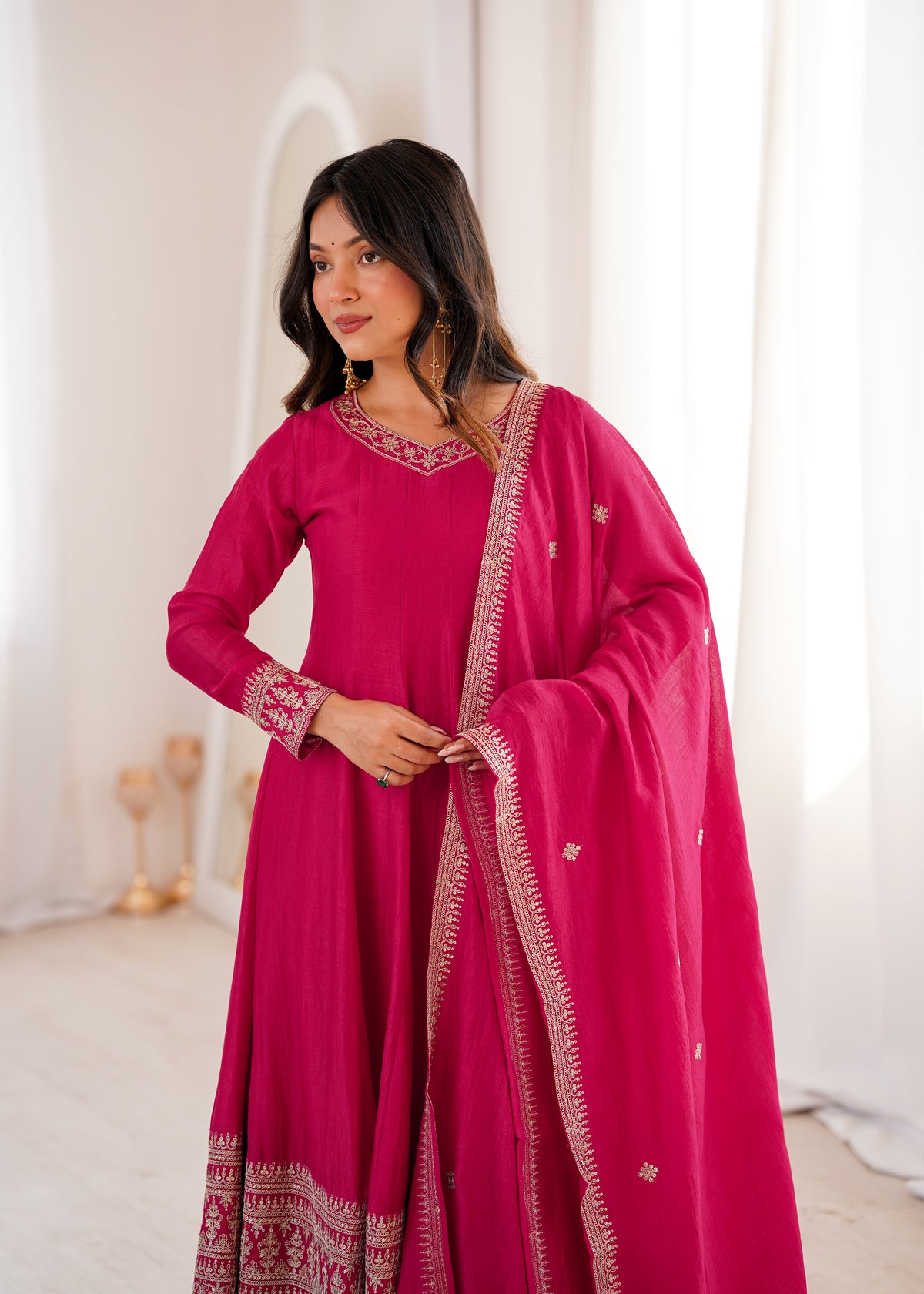Premium Blooming Vichitra Silk Anarkali Gown Set with Embroidery, Sequin, Dori & Jari Work