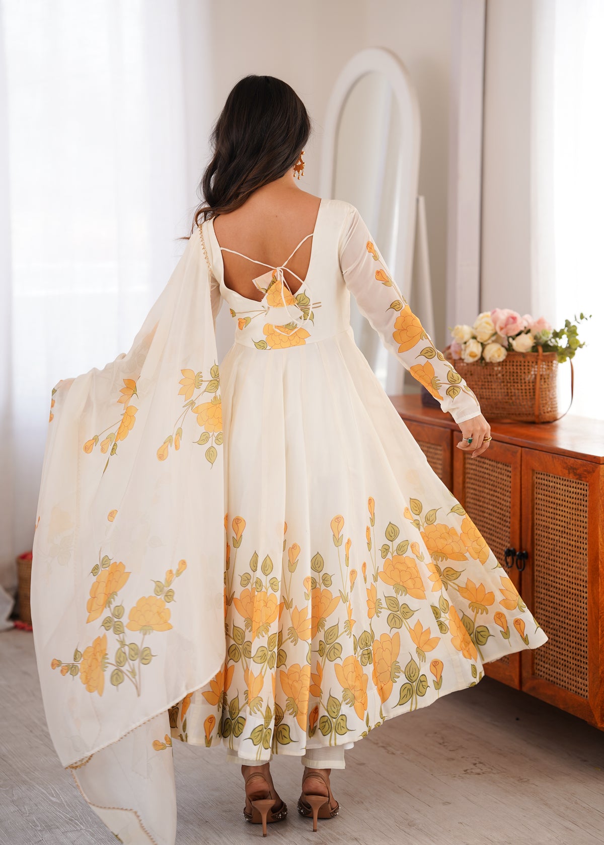 Premium Organza Silk Floral Printed Anarkali Suit Set with Potli Design & Gota Patti Dupatta