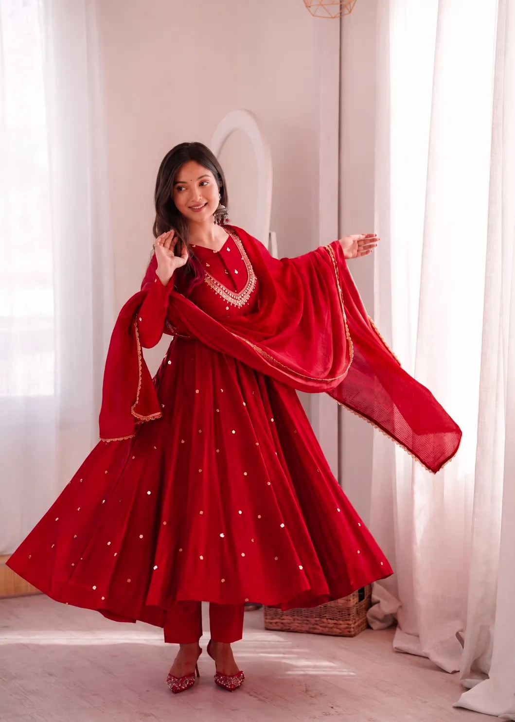 Premium Roman Silk Anarkali Gown with Embroidery, Sequin & Real Mirror Work
