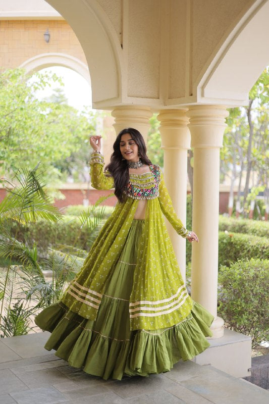 Premium Kora Cotton Navratri Lehenga with Bandhani Print & Kutchi Patchwork Kurti