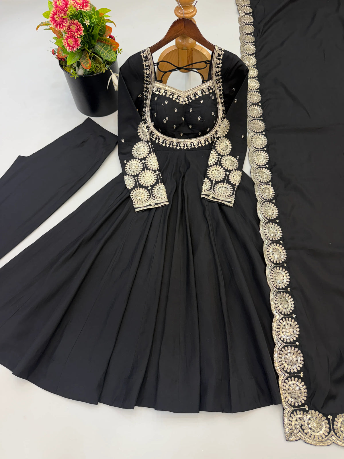 Premium Roman Silk Anarkali Gown with Embroidery & Sequin Work