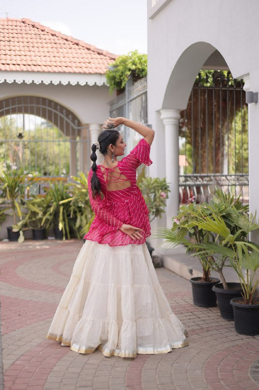 Premium Kora Cotton Navratri Lehenga Choli with Frill Stitching, Lampi Lace & Kutchi Gamthi Patchwork