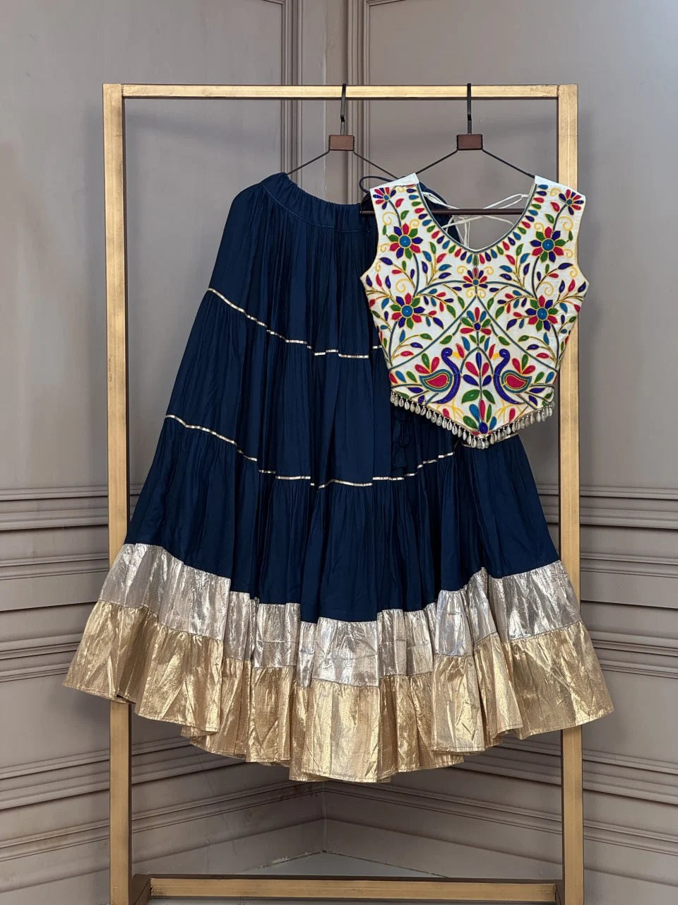 Premium Rayon Navratri Lehenga Choli with Lampi Lace & Kutchi Work Blouse