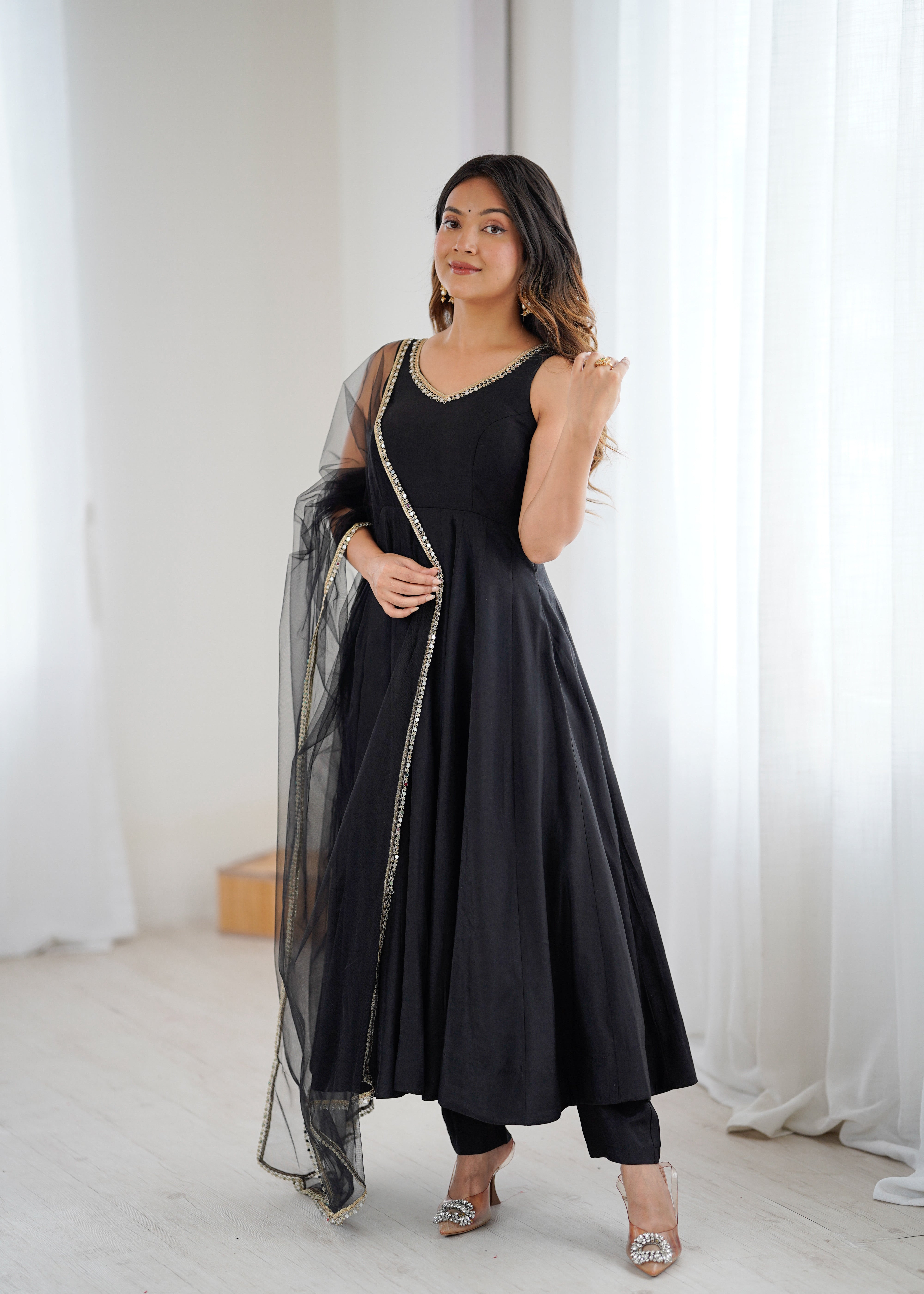 Premium Pure Romansilk Chanderi 4 Meter Flared Anarkali Gown Set