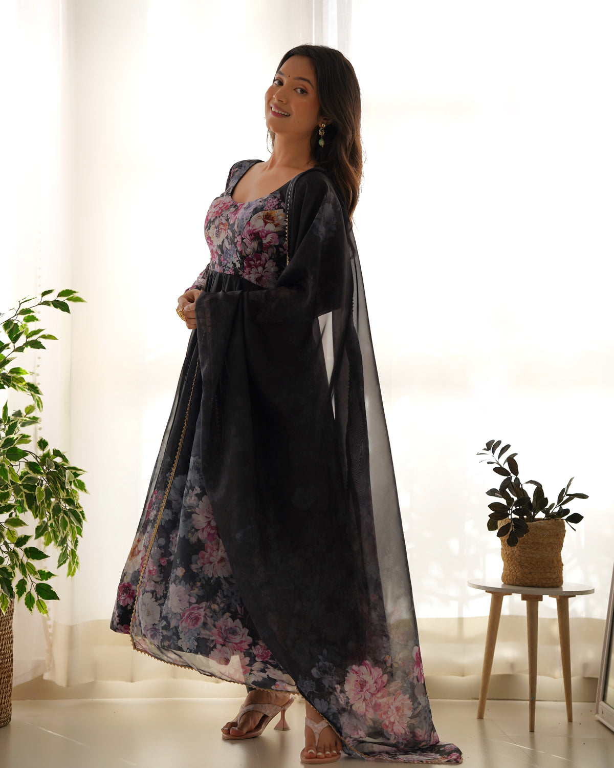Premium Organza Silk Printed Anarkali Gown with Kali Flare, Canvas Patta & Gota Patti Dupatta