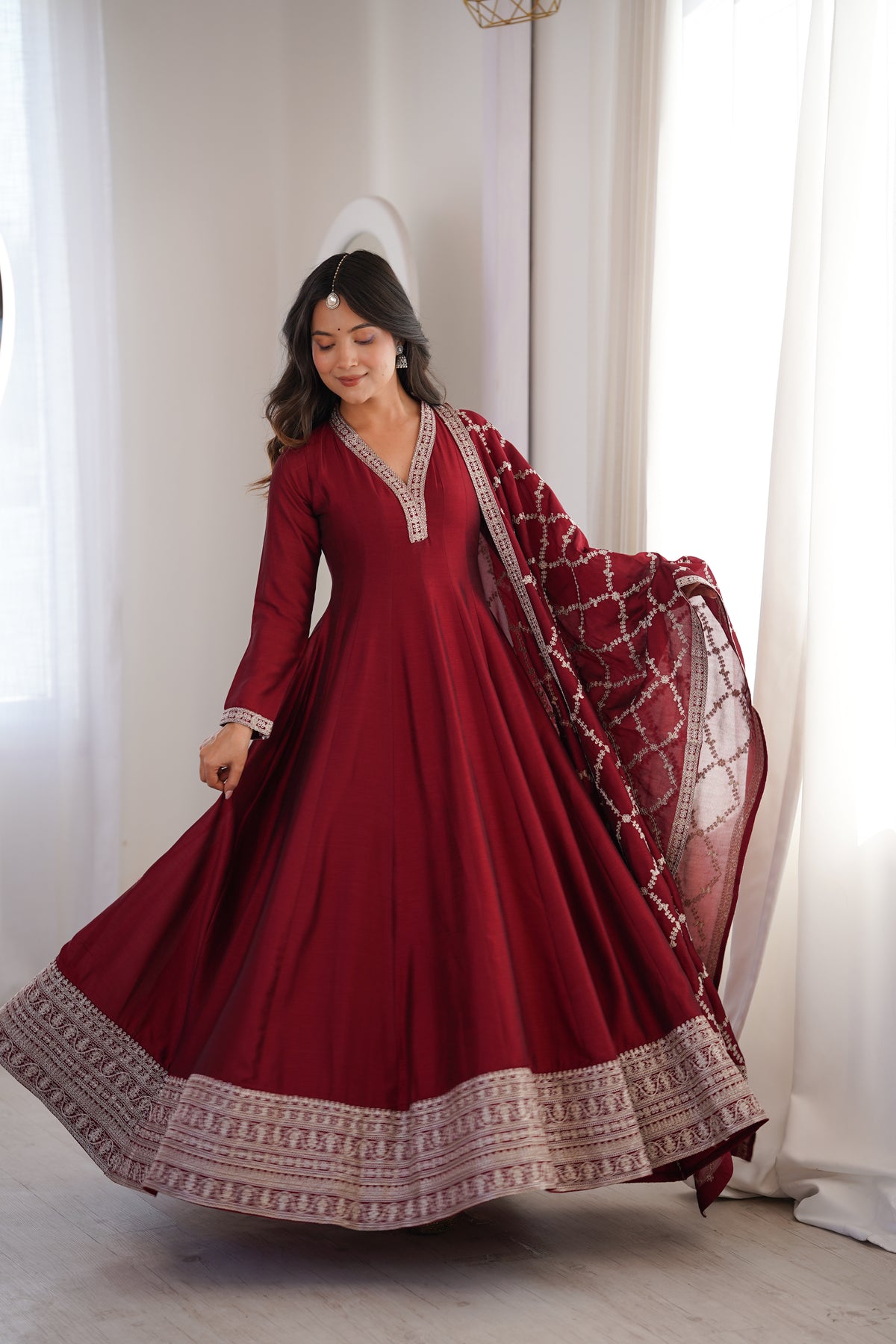 Premium Blooming Vichitra Silk Anarkali Gown with Embroidery, Sequin, Dori & Jari Work