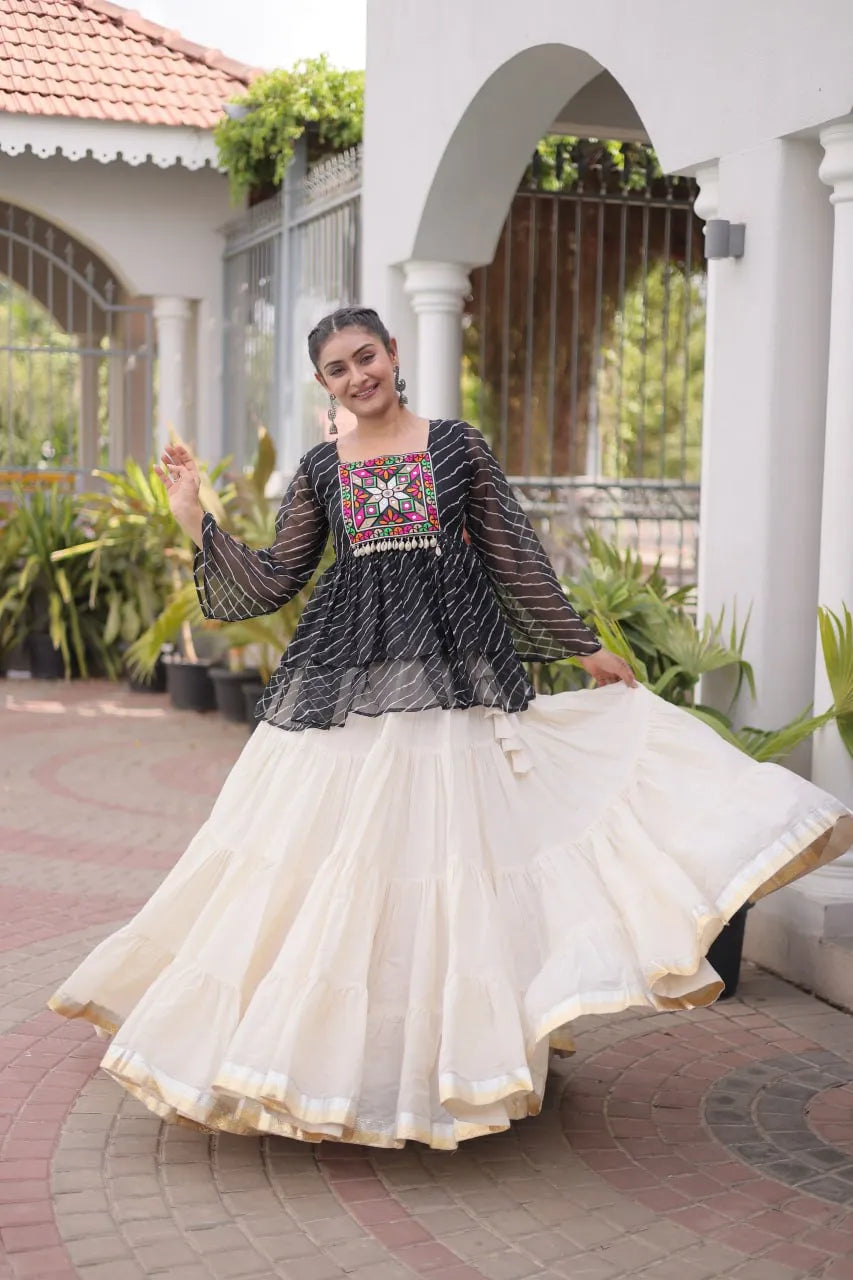 Premium Kora Cotton Navratri Lehenga Choli with Frill Stitching, Lampi Lace & Kutchi Gamthi Patchwork