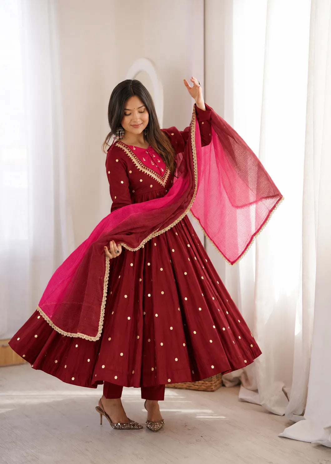 Premium Roman Silk Anarkali Gown with Embroidery, Sequin & Real Mirror Work
