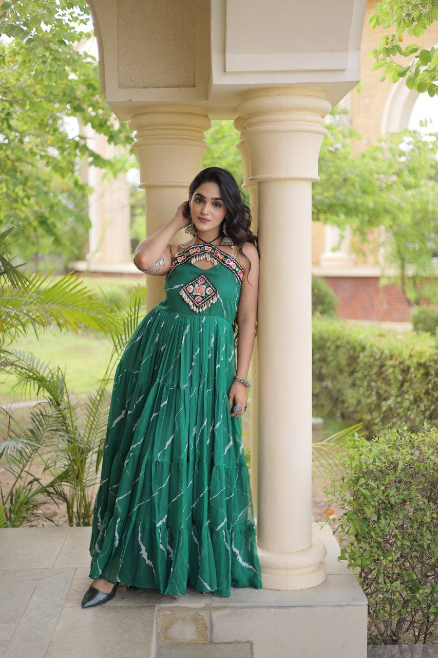 Premium Faux Georgette Navratri Gown with Laheriya Print & Kutchi Patchwork
