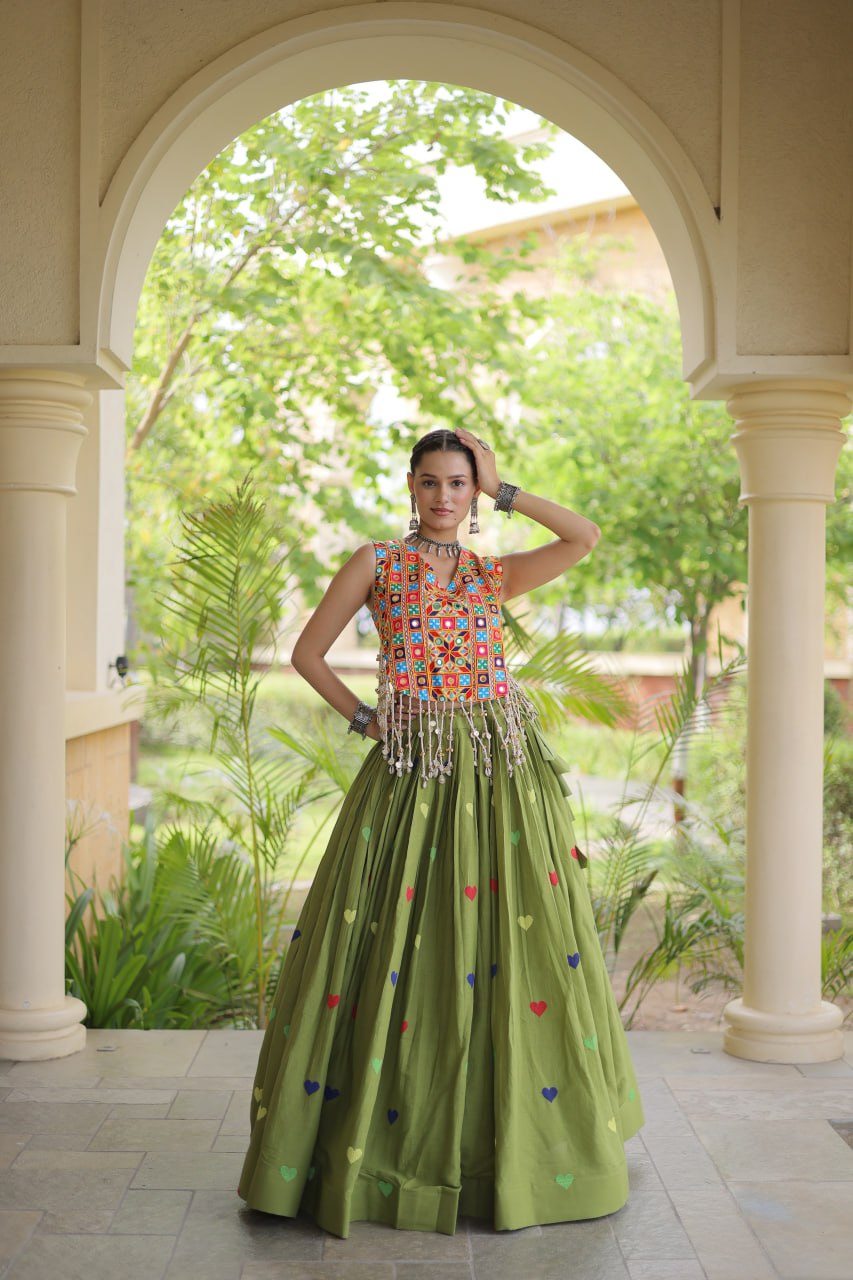 Premium Cora Cotton Navratri Lehenga Choli with Heart Thread Embroidery & Gamthi Mirror Work