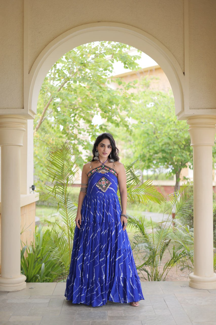 Premium Faux Georgette Navratri Gown with Laheriya Print & Kutchi Patchwork