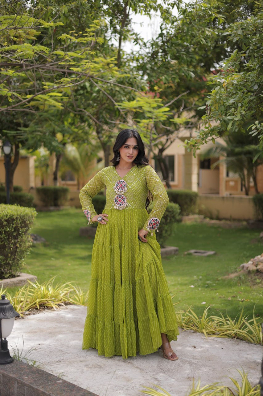 Premium Faux Georgette Navratri Gown with Laheriya Print & Kutchi Patchwork