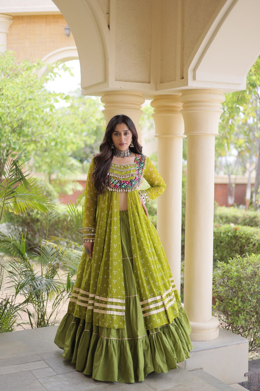 Premium Kora Cotton Navratri Lehenga with Bandhani Print & Kutchi Patchwork Kurti
