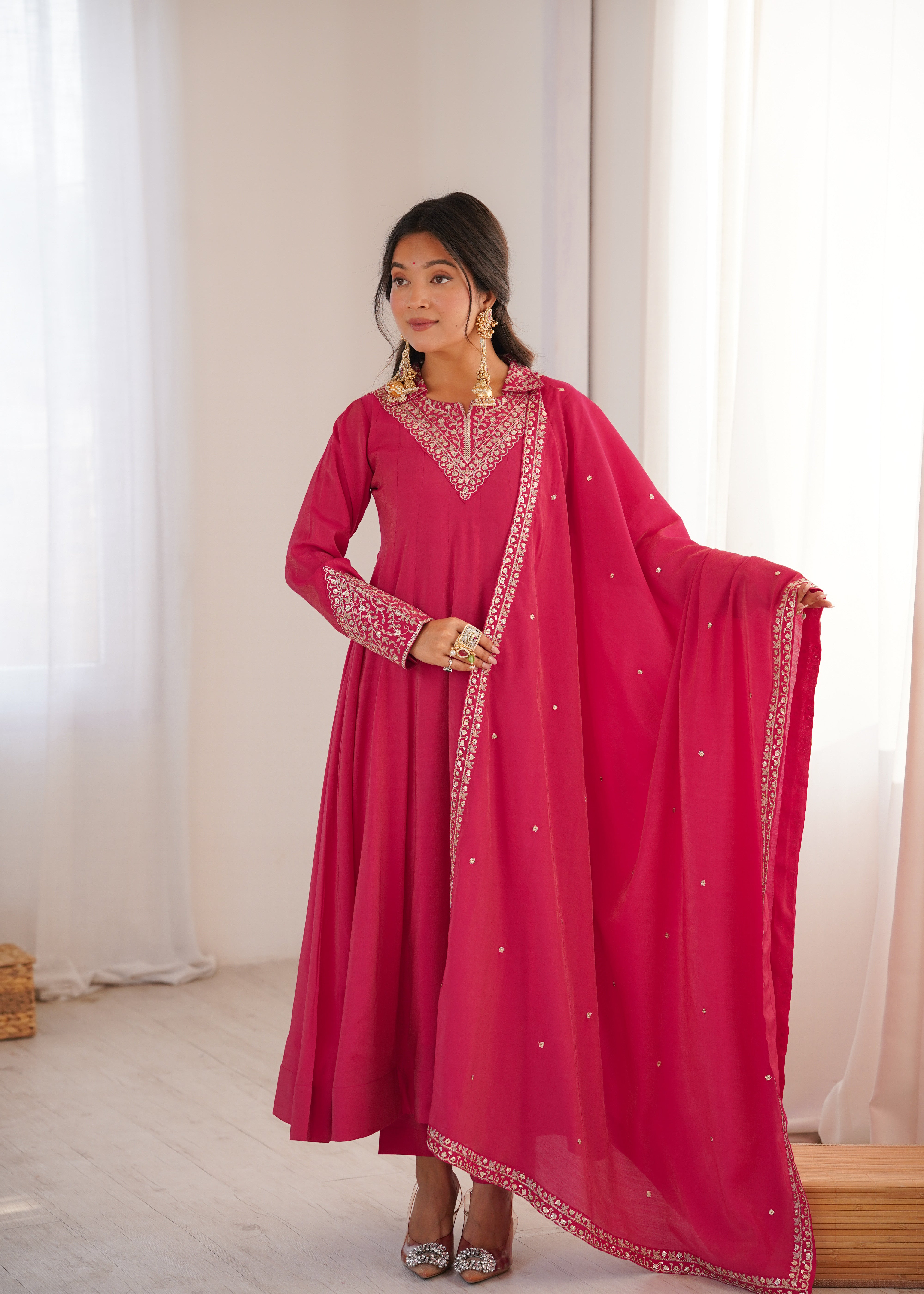 Premium Pure Roman Shimmer Silk Fully Flared Anarkali Gown Set