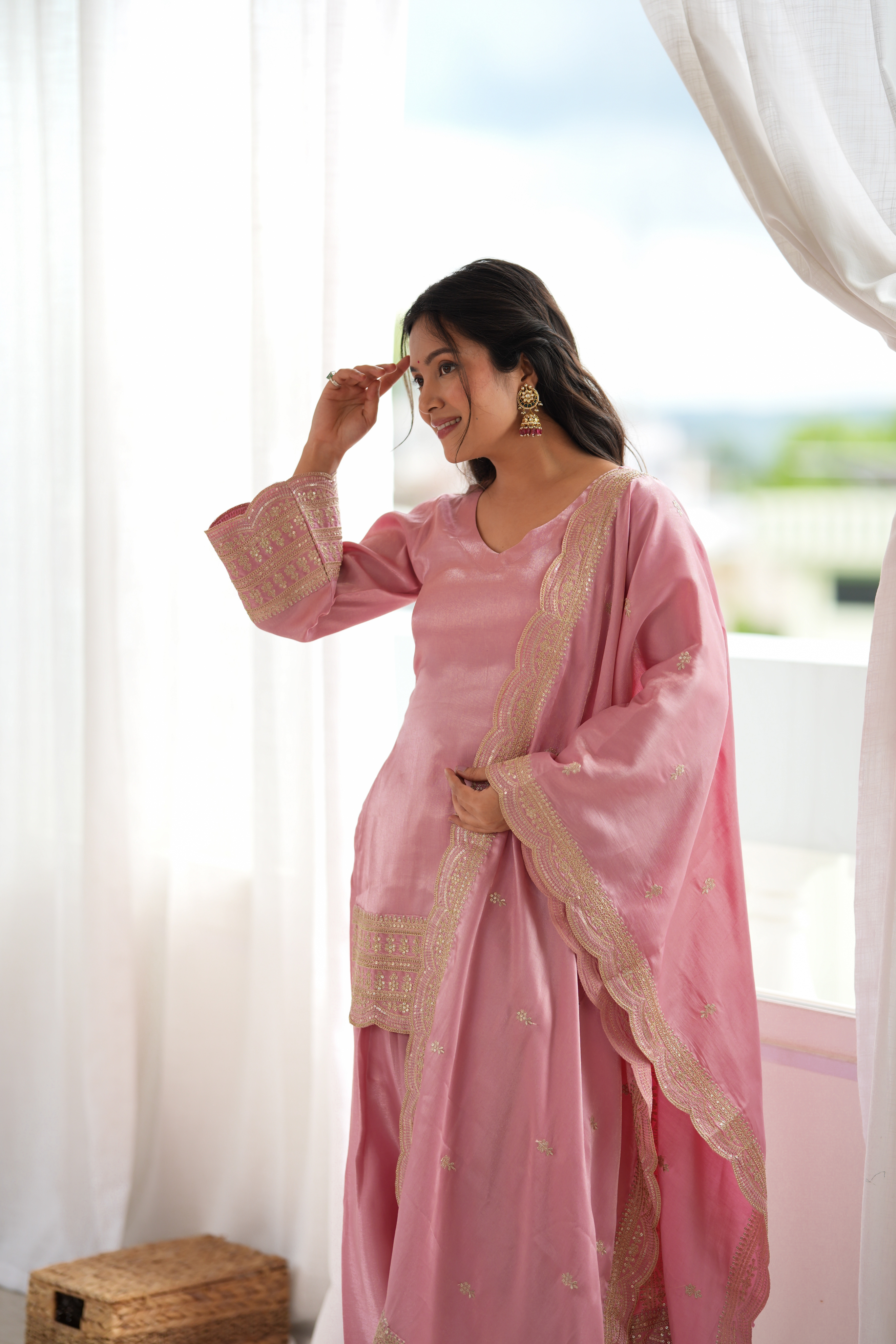 Premium Glass Roman Silk Embroidered Farshi Shalwar Set with Dupatta
