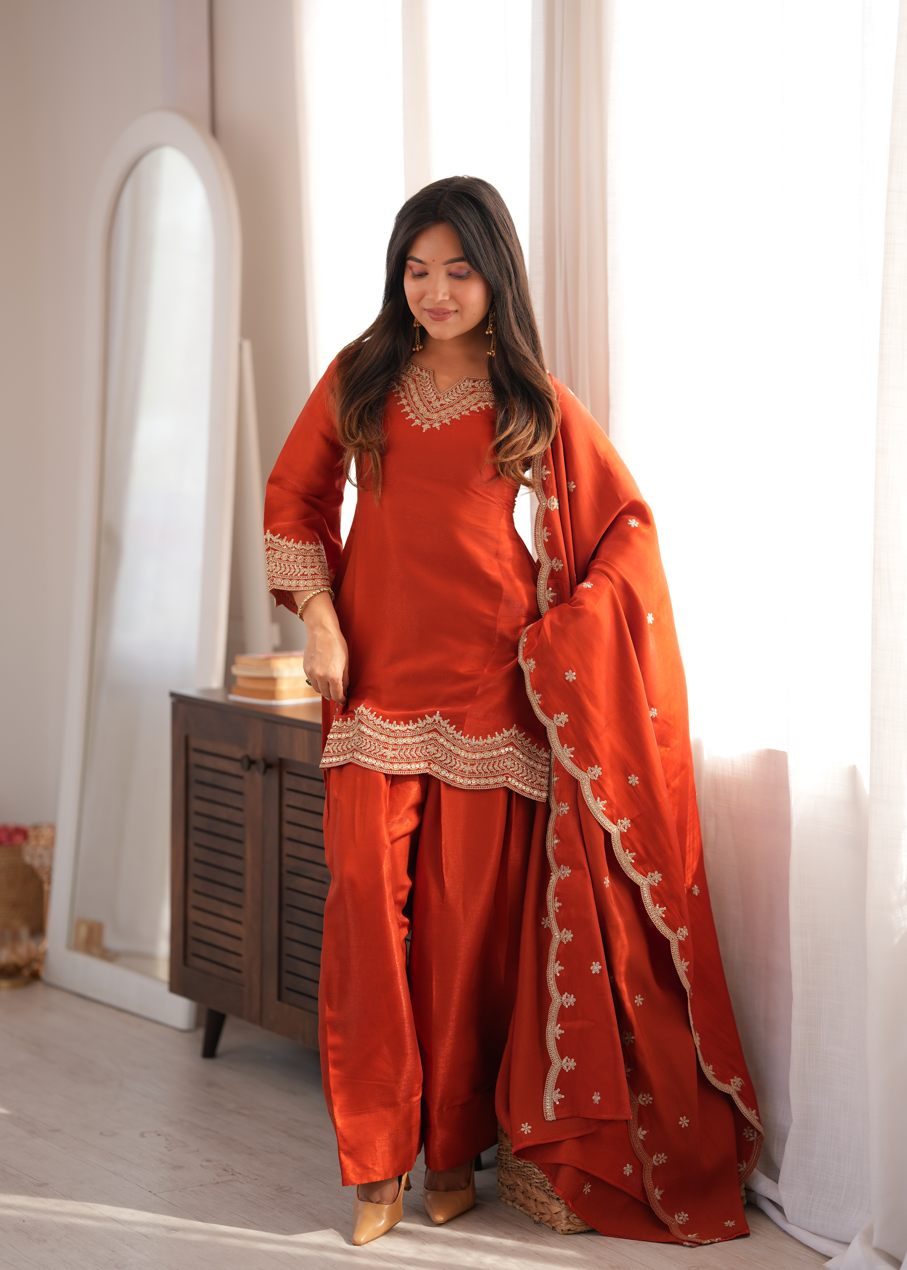 Premium Glass Roman Silk Embroidered Farshi Shalwar Set