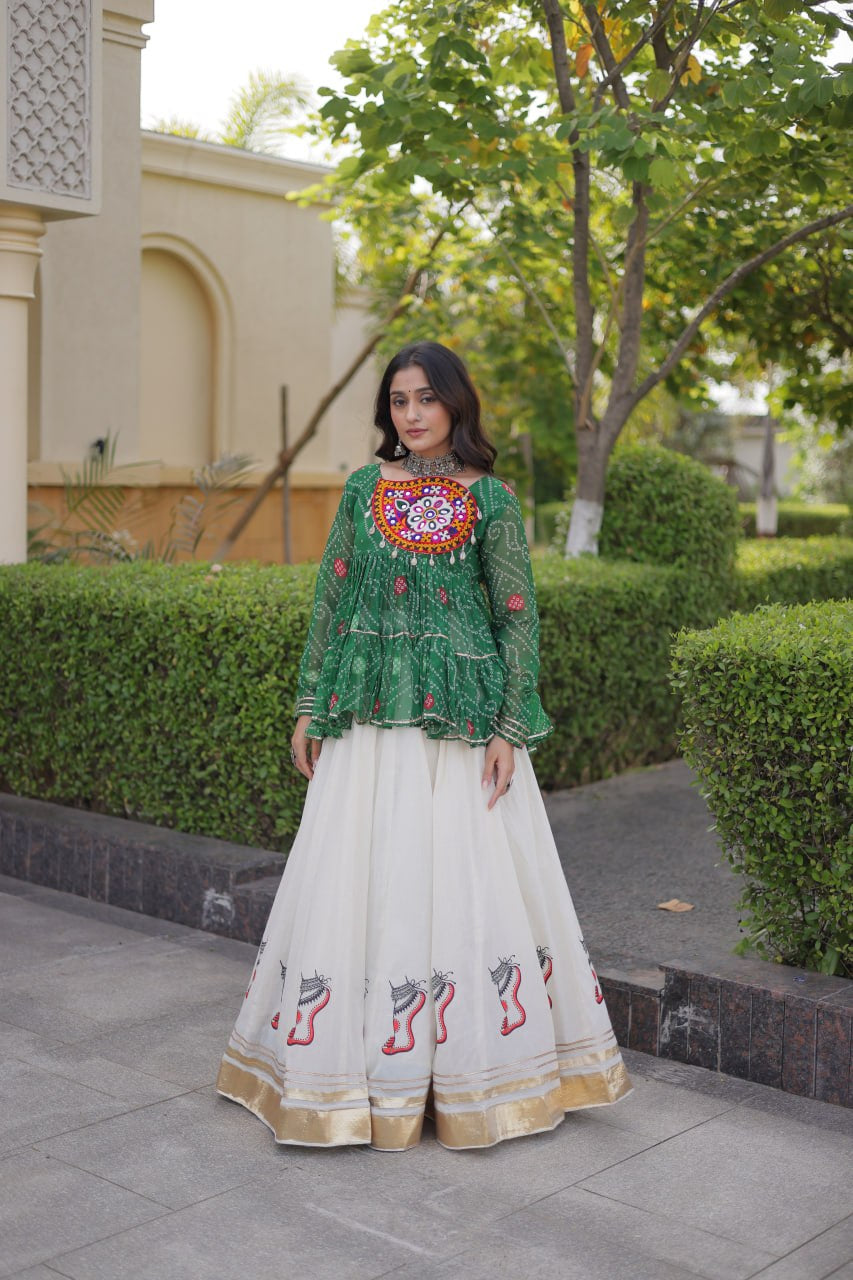 Premium Kora Cotton Navratri Lehenga Choli with Gota Lace & Bandhani Kutchi Gamthi Work