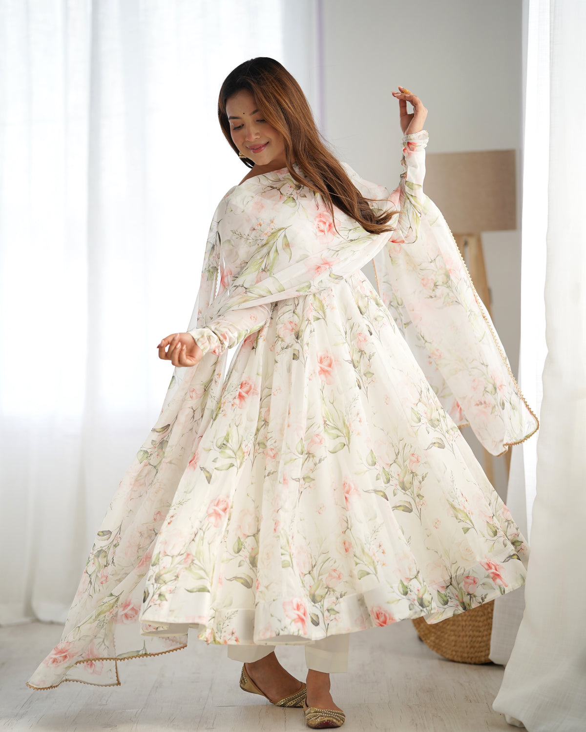 Premium Organza Silk Printed Anarkali Gown with Kali Flare, Canvas Patta & Gota Patti Dupatta