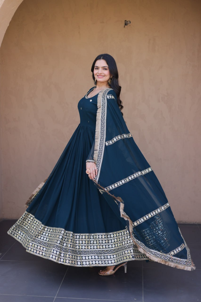 Premium Faux Blooming Embroidered Gown with Dupatta