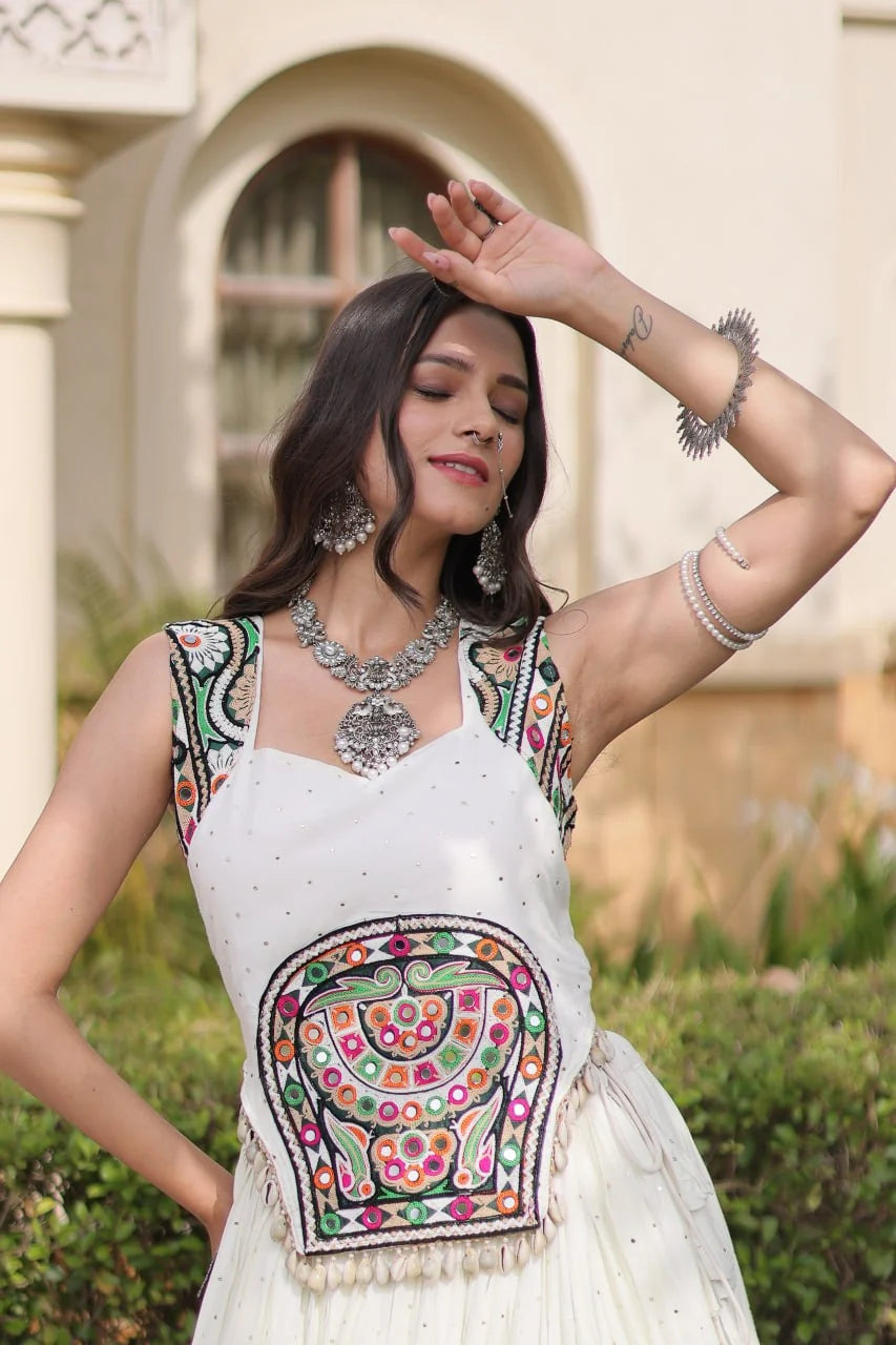Reyon Navratri Lehenga Choli with Mukesh & Gamthi Mirror Work