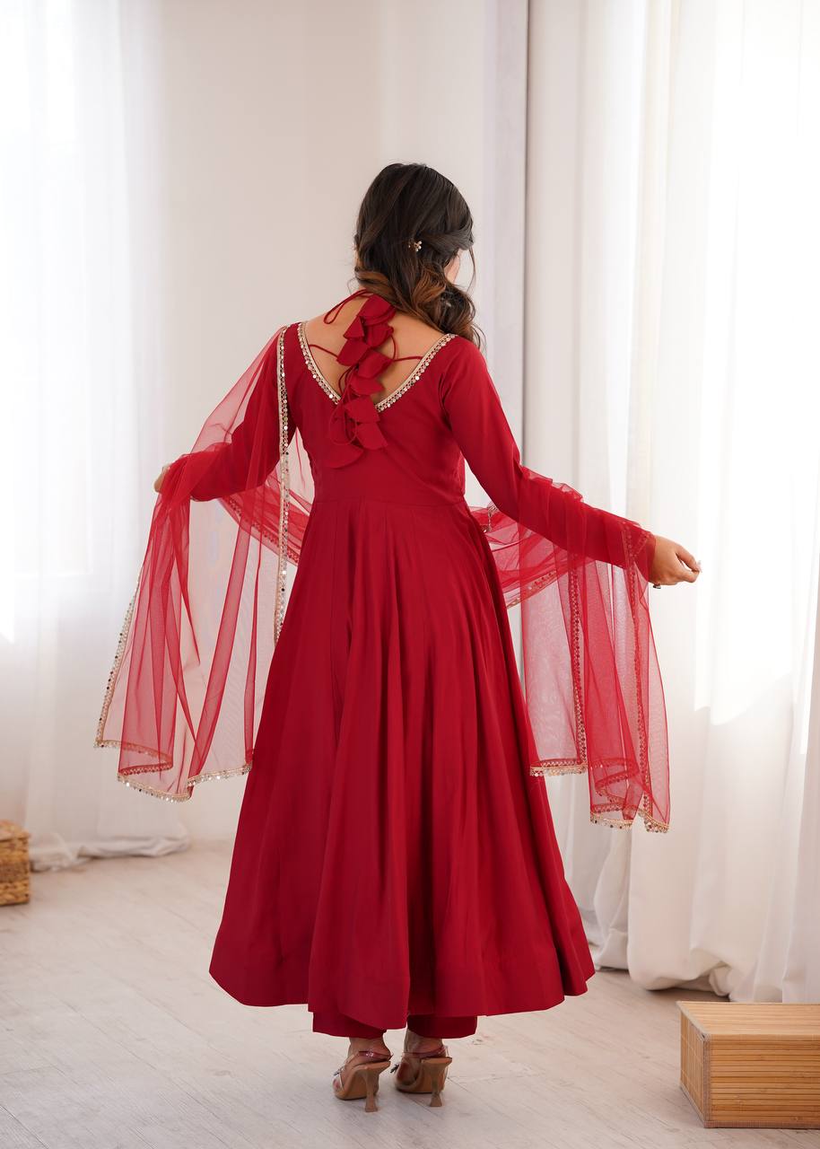 Premium Roman Silk Chanderi Anarkali Gown Set with Dupatta & Pant