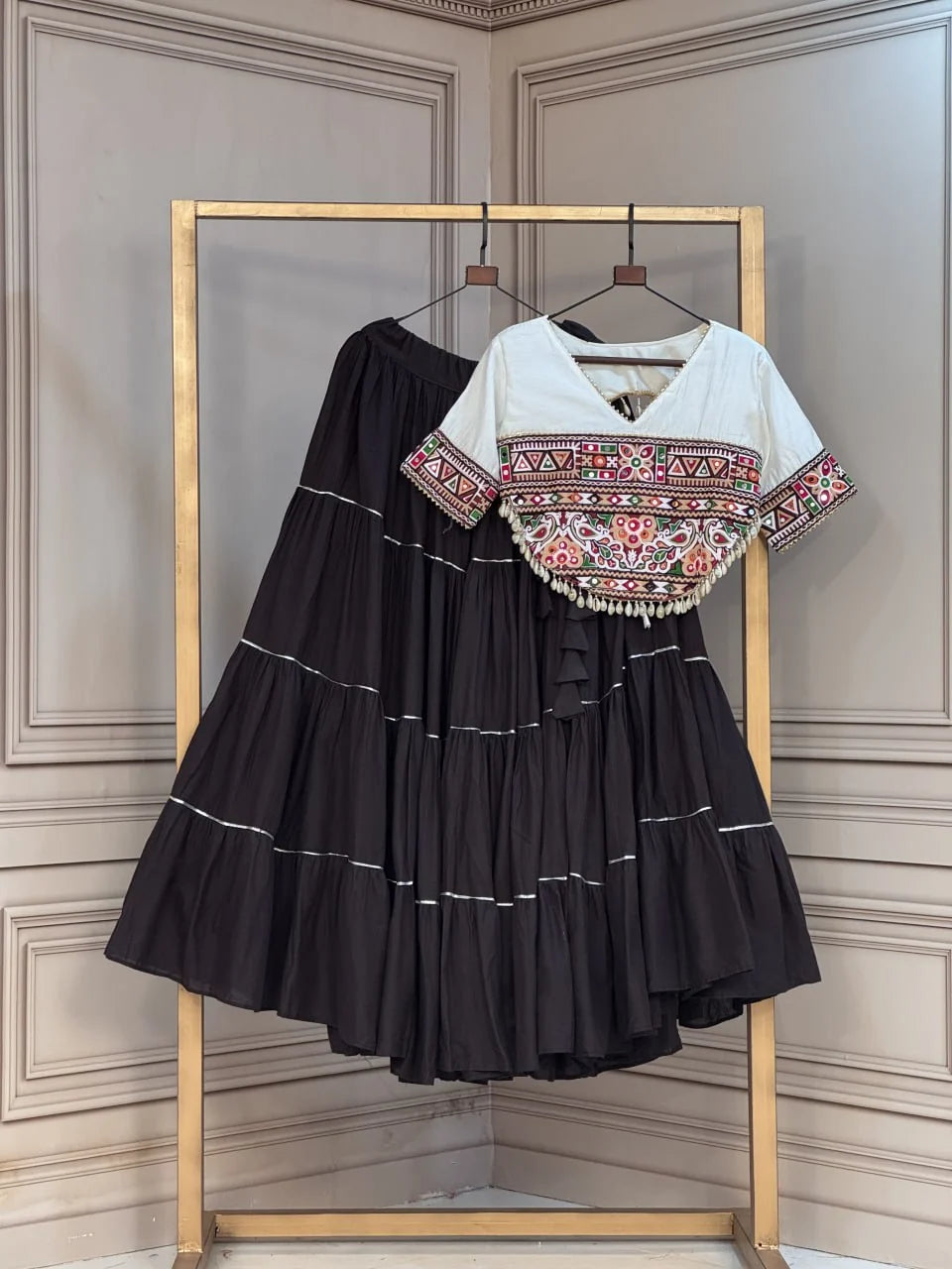 Premium Kora Cotton Navratri Lehenga Choli with Standard Frill & Kutchi Patchwork Blouse