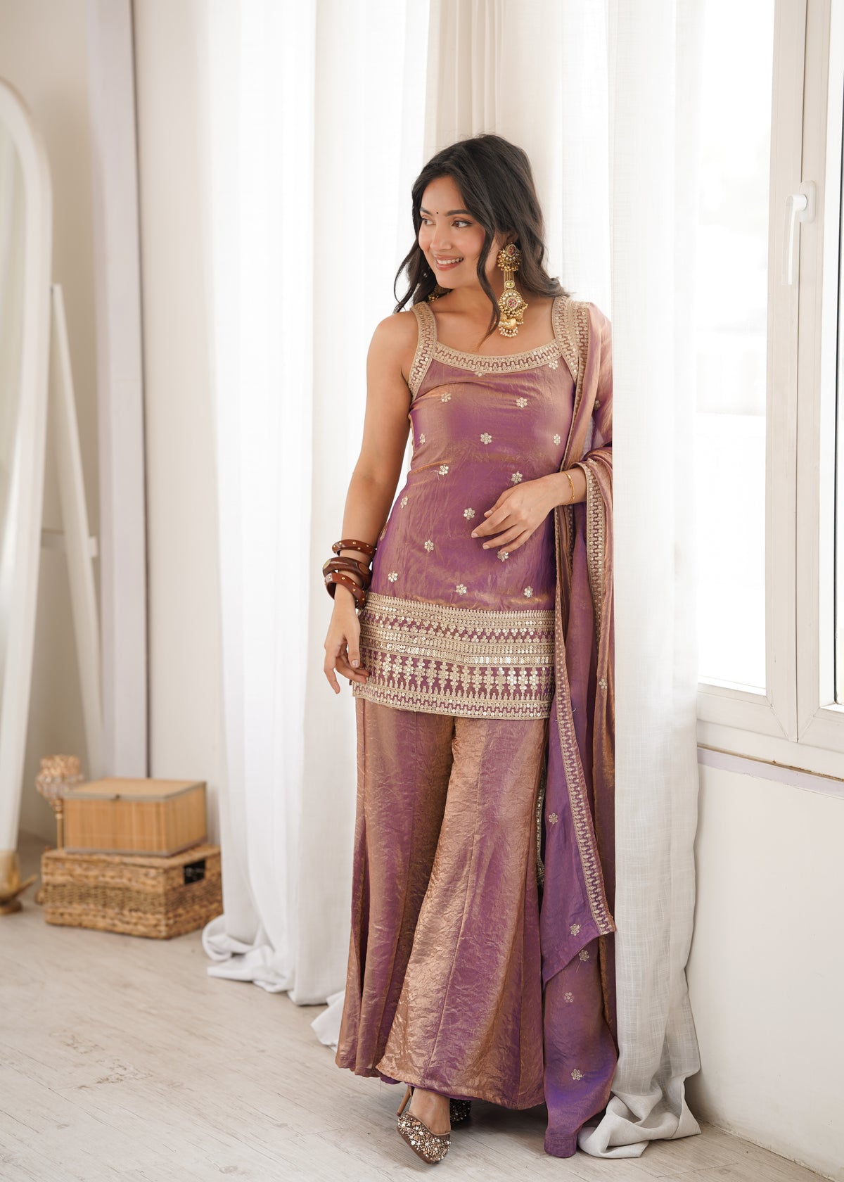 Premium Frendy Silk Embroidered Top & Bell Bottom Set with Dupatta