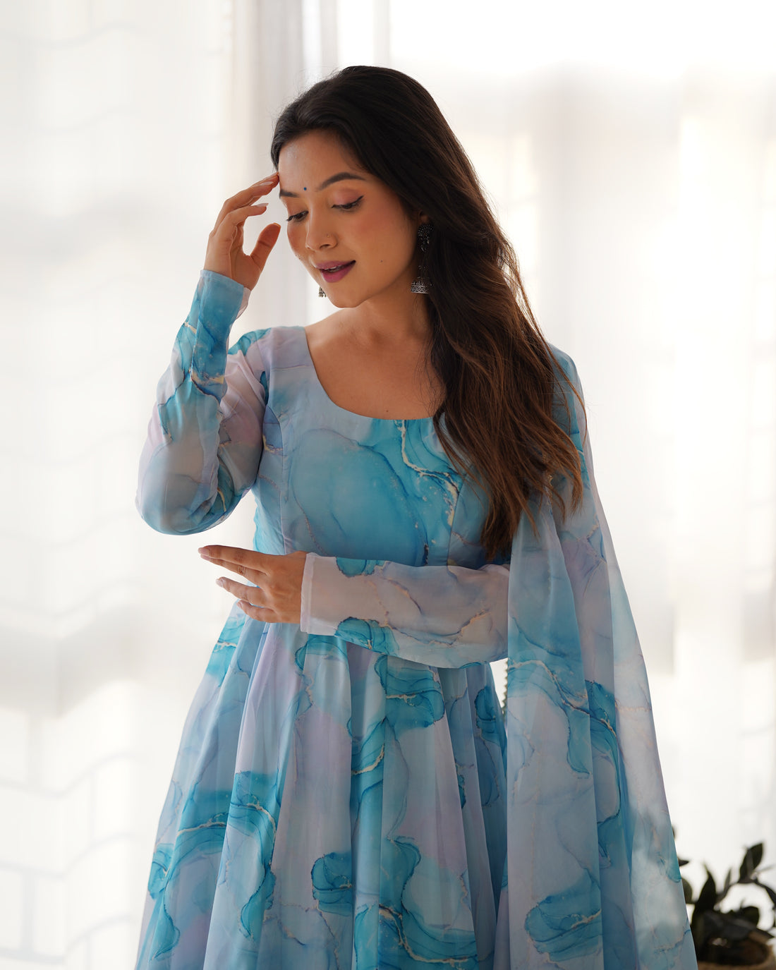Premium Organza Silk Marble Print Anarkali Gown with Kali Flare, Canvas Patta & Gota Patti Dupatta