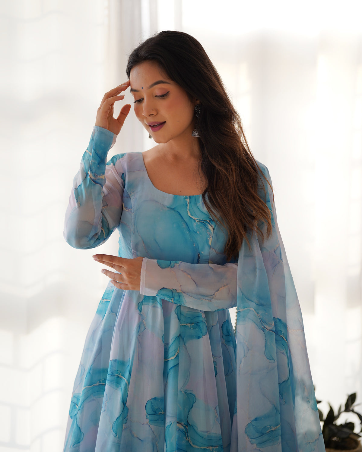 Premium Organza Silk Marble Print Anarkali Gown with Kali Flare, Canvas Patta & Gota Patti Dupatta
