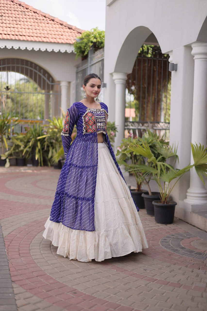 Premium Kora Cotton Navratri Lehenga with Laheriya Print & Kutchi Patchwork Kurti