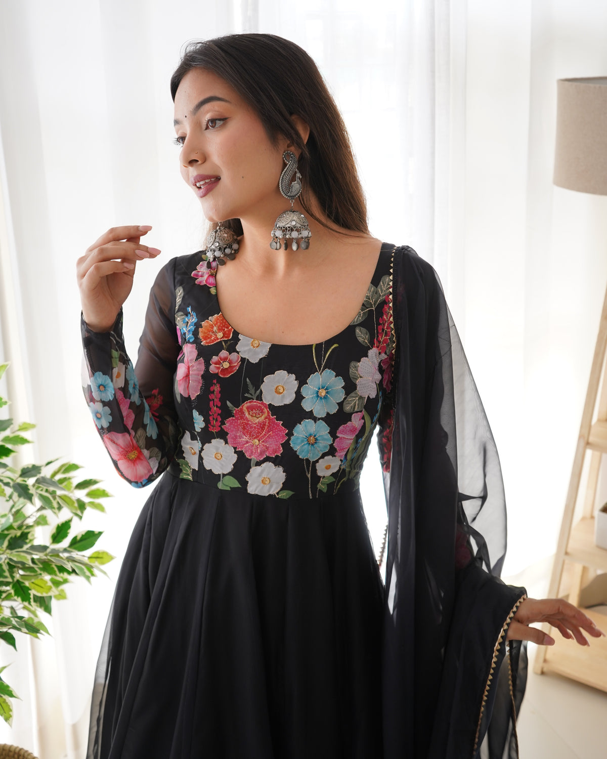 Premium Organza Silk Printed Anarkali Suit Set with Badla Jari & Gota Patti Work