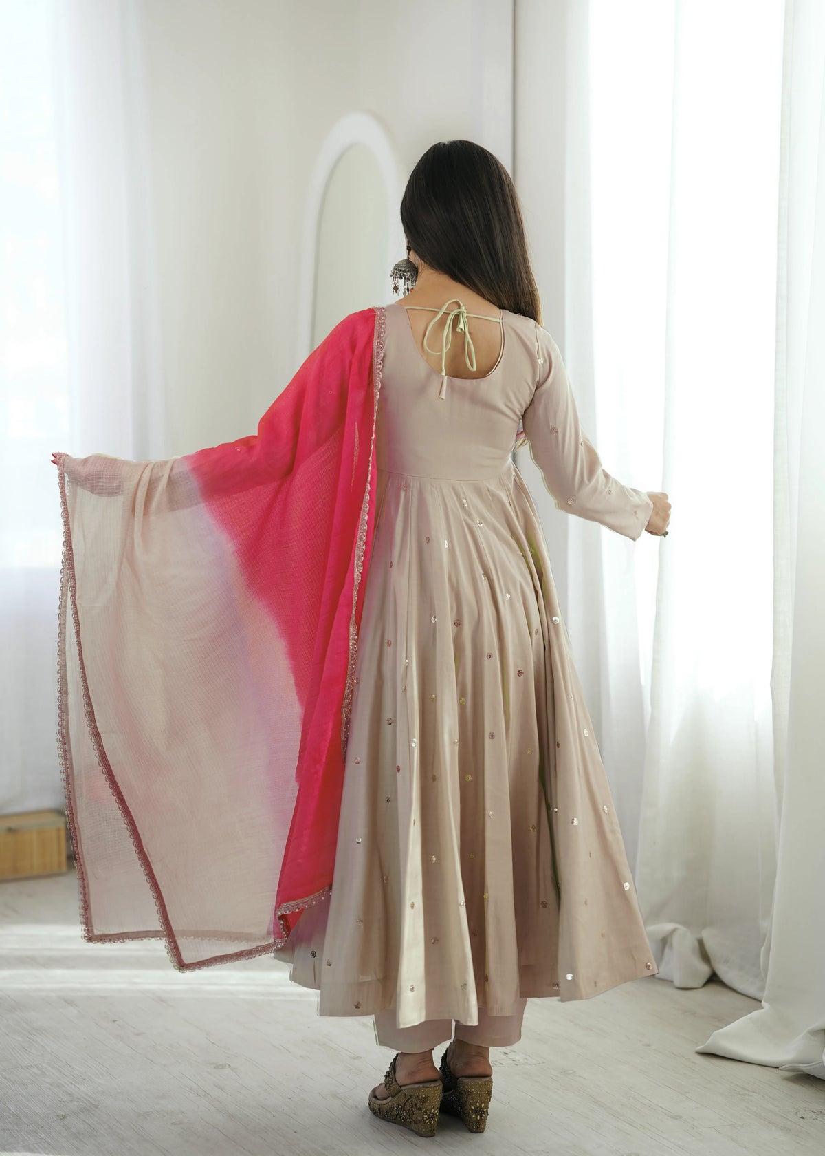 Premium Roman Silk Anarkali Gown with Embroidery, Sequin & Real Mirror Work