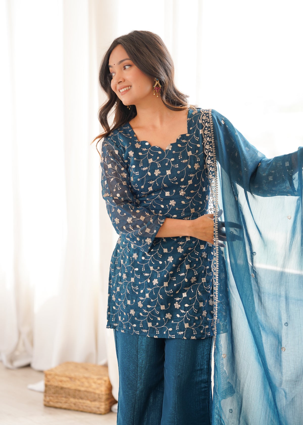 Premium Crunchy Silk Top Pant Set with Embroidery, Sequin & Jari Work
