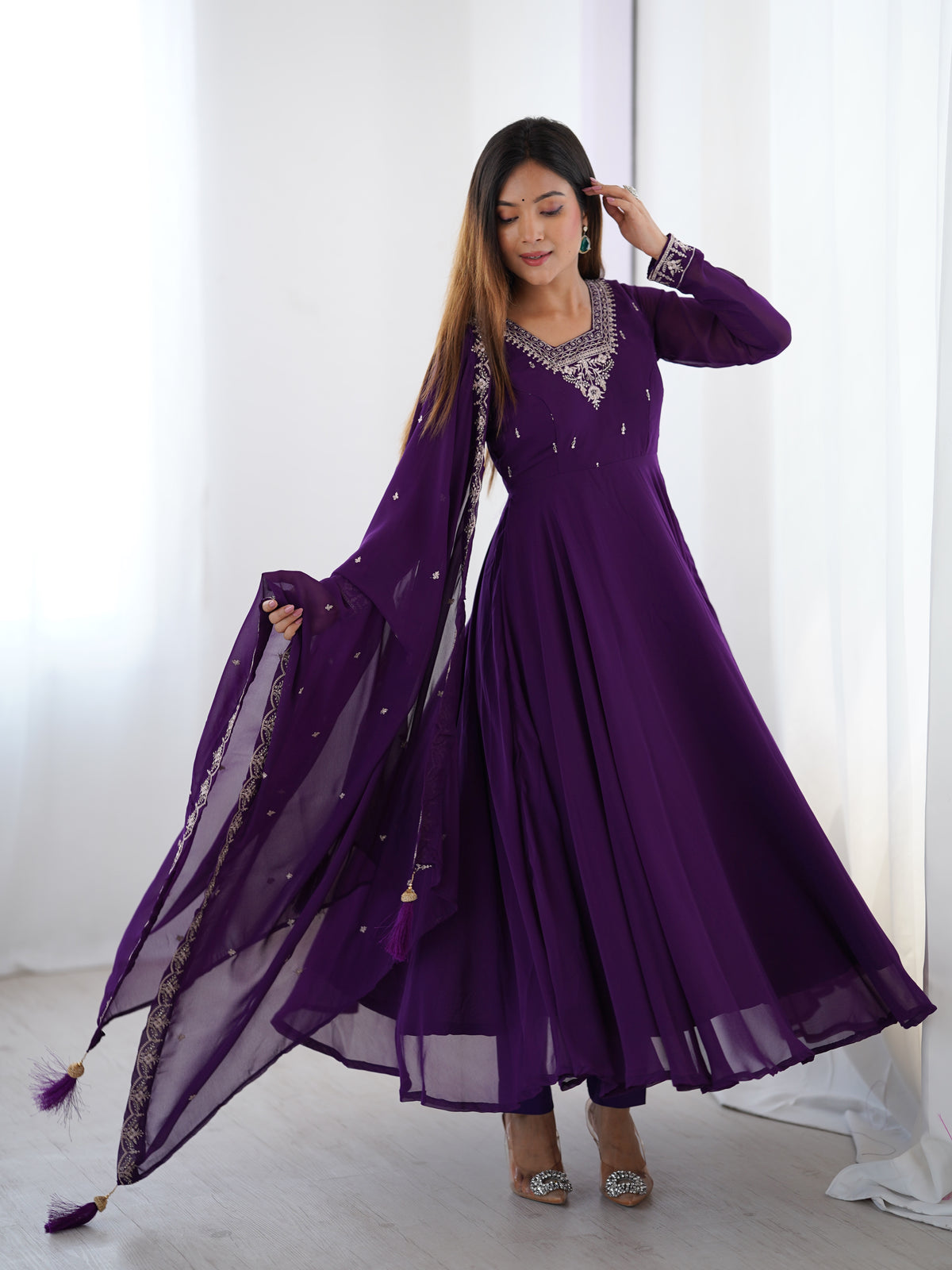 Premium Fox Georgette Anarkali Suit with Beads, Jari Work, 6.5 Meter Flair & Embellished Dupatta