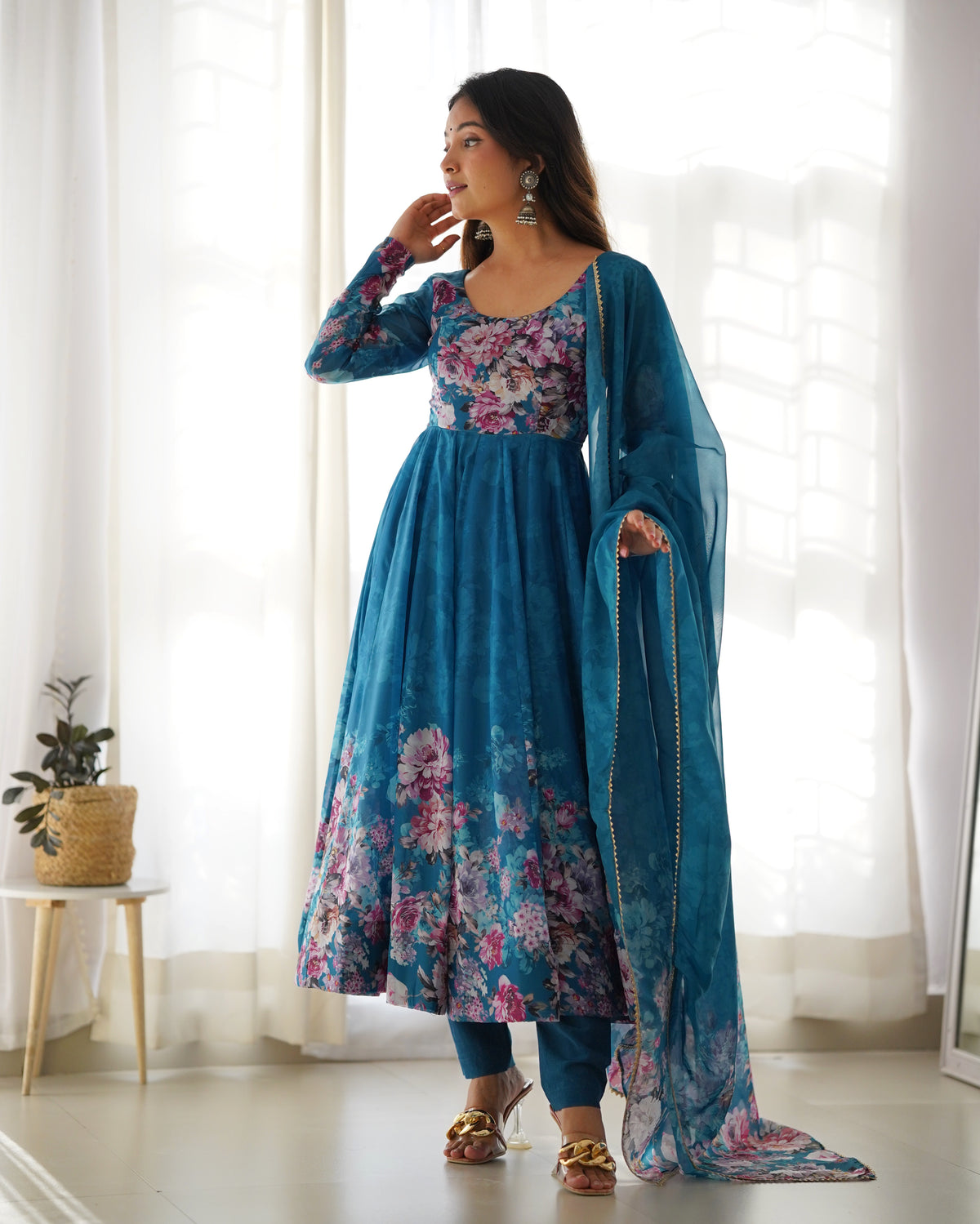 Premium Organza Silk Printed Anarkali Gown with Kali Flare, Canvas Patta & Gota Patti Dupatta