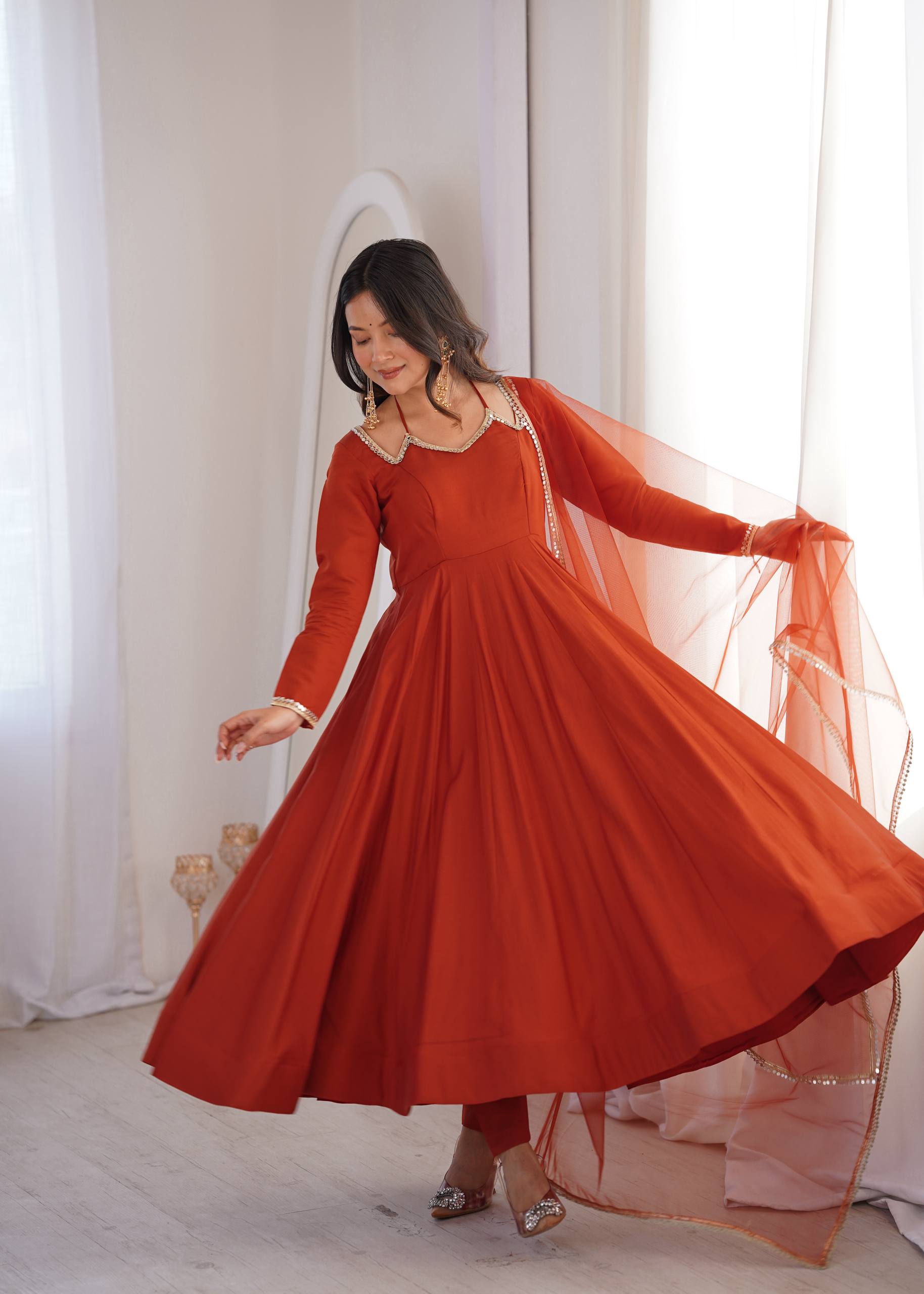 Premium Roman Silk Chanderi Anarkali Gown Set with Dupatta & Pant