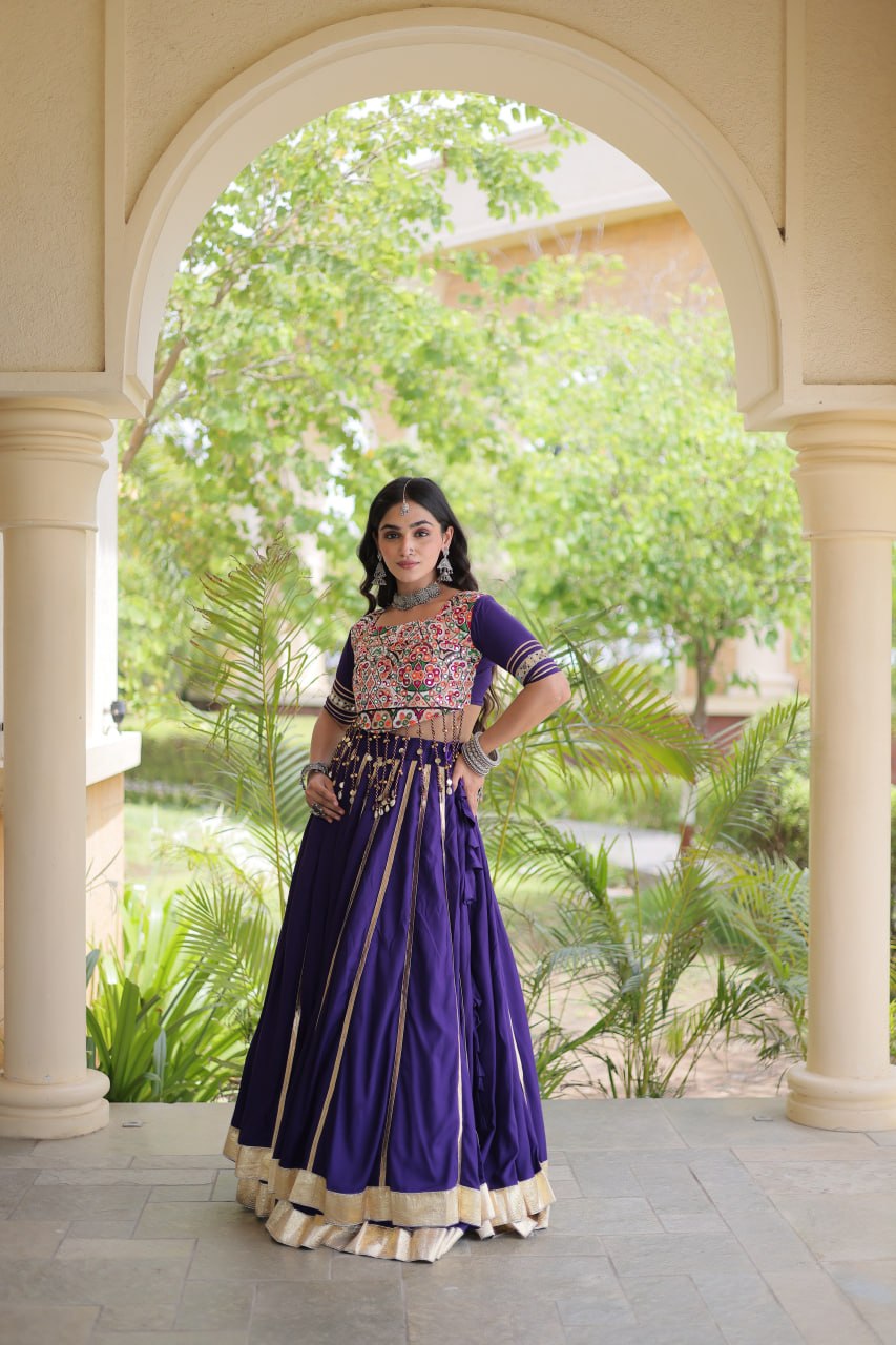 Reyon Navratri Lehenga Choli with Gota Patti Lace, Gamthi Embroidery & Real Mirror Work