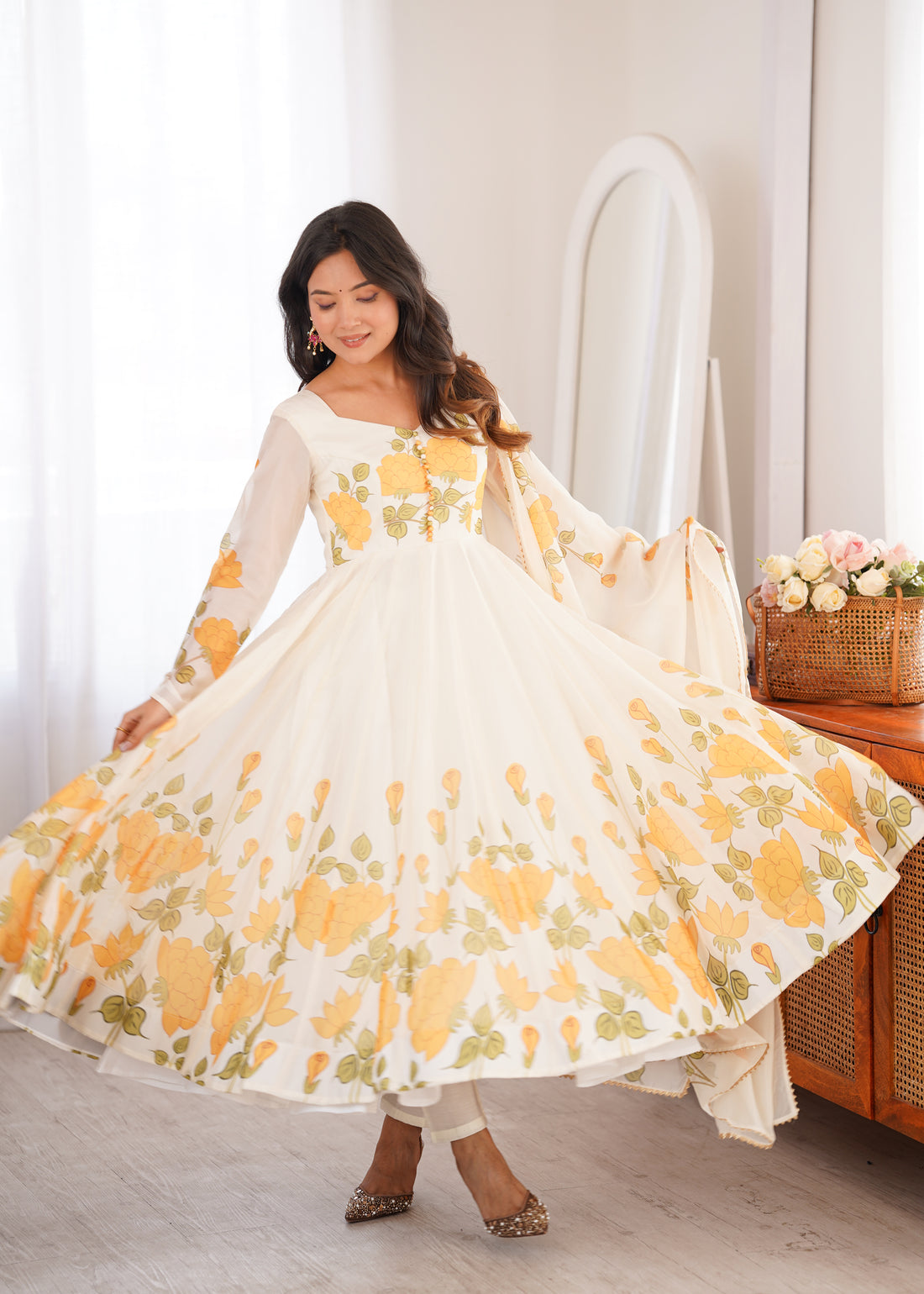 Premium Organza Silk Floral Printed Anarkali Suit Set with Potli Design & Gota Patti Dupatta