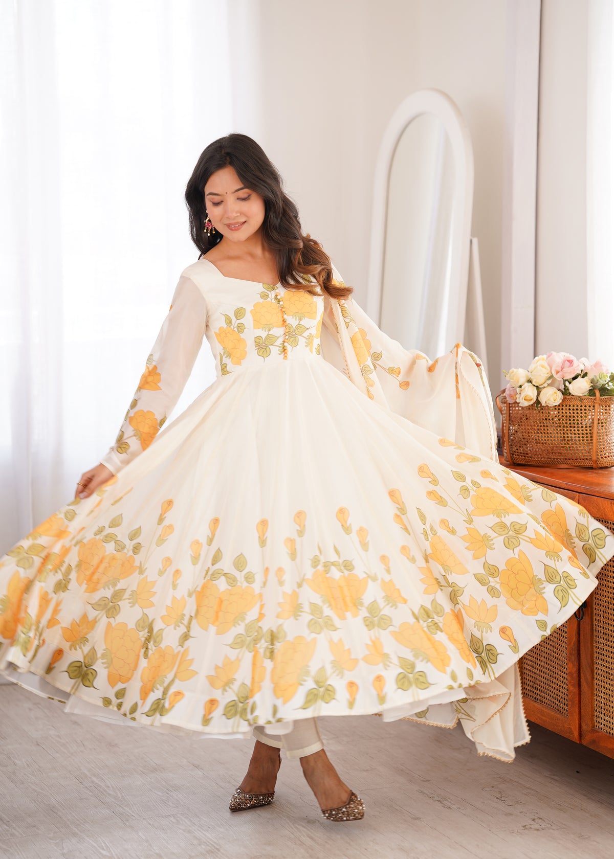 Premium Organza Silk Floral Printed Anarkali Suit Set with Potli Design & Gota Patti Dupatta