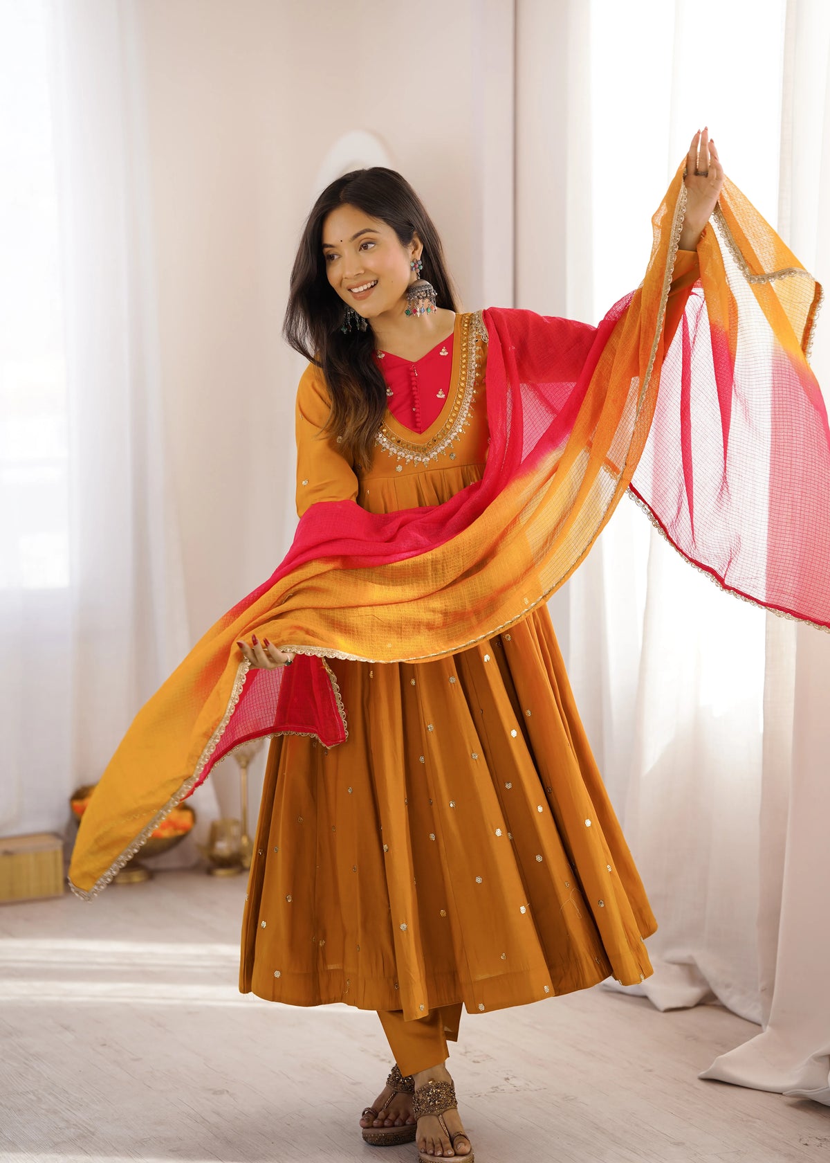 Premium Roman Silk Anarkali Gown with Embroidery, Sequin & Real Mirror Work