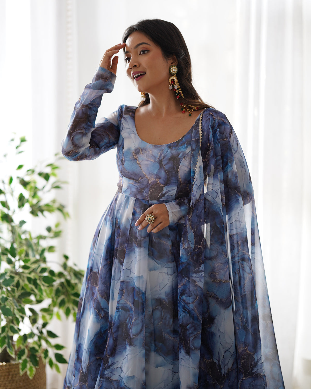 Premium Organza Silk Marble Print Anarkali Gown with Kali Flare, Canvas Patta & Gota Patti Dupatta