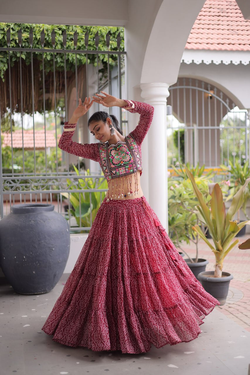 Premium Faux Georgette Bandhani Print Navratri Lehenga Choli with Kutchi Patchwork