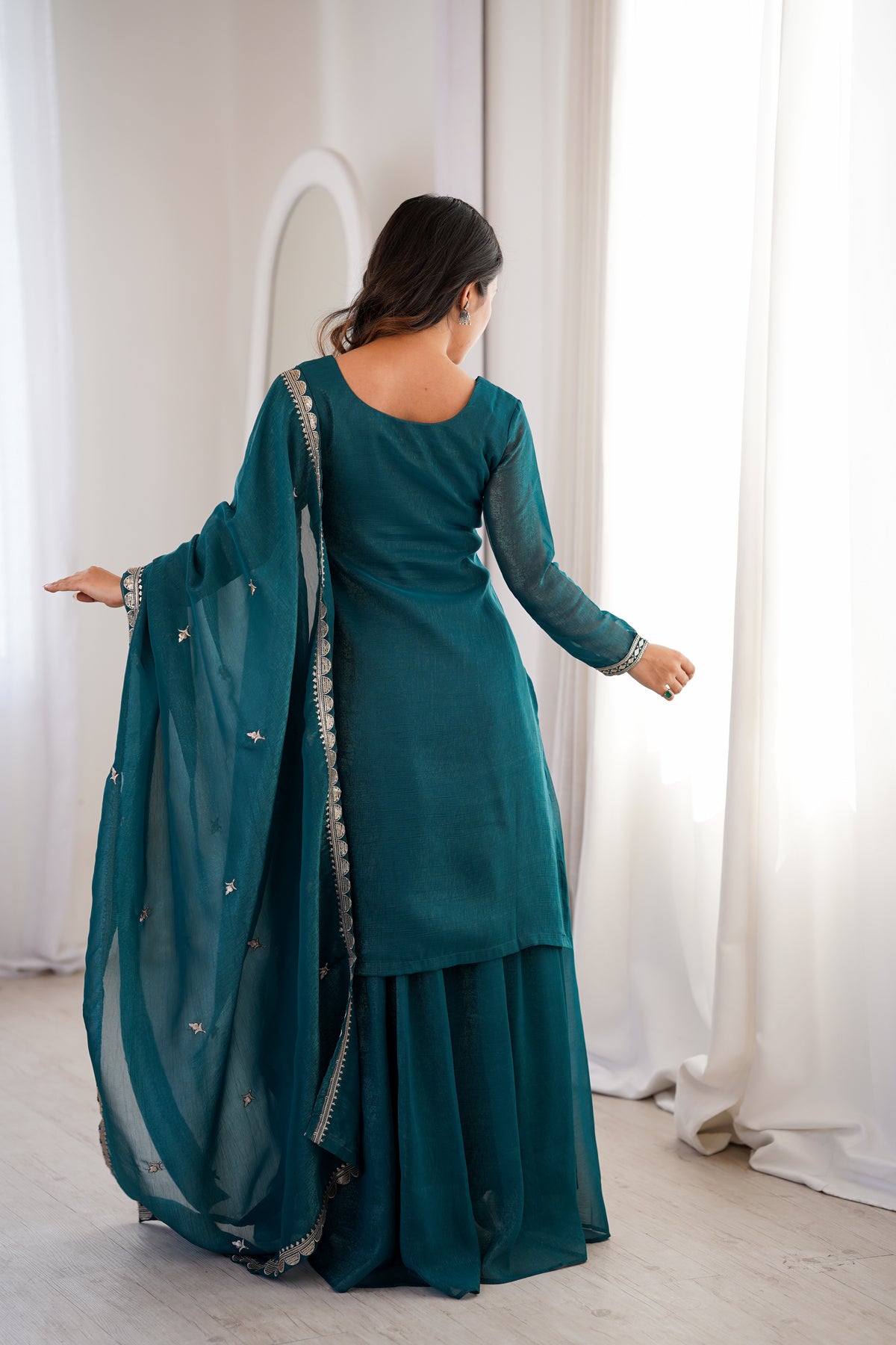 Premium Crunchy Silk Sharara Suit with Embroidery, Sequin & Jari Work