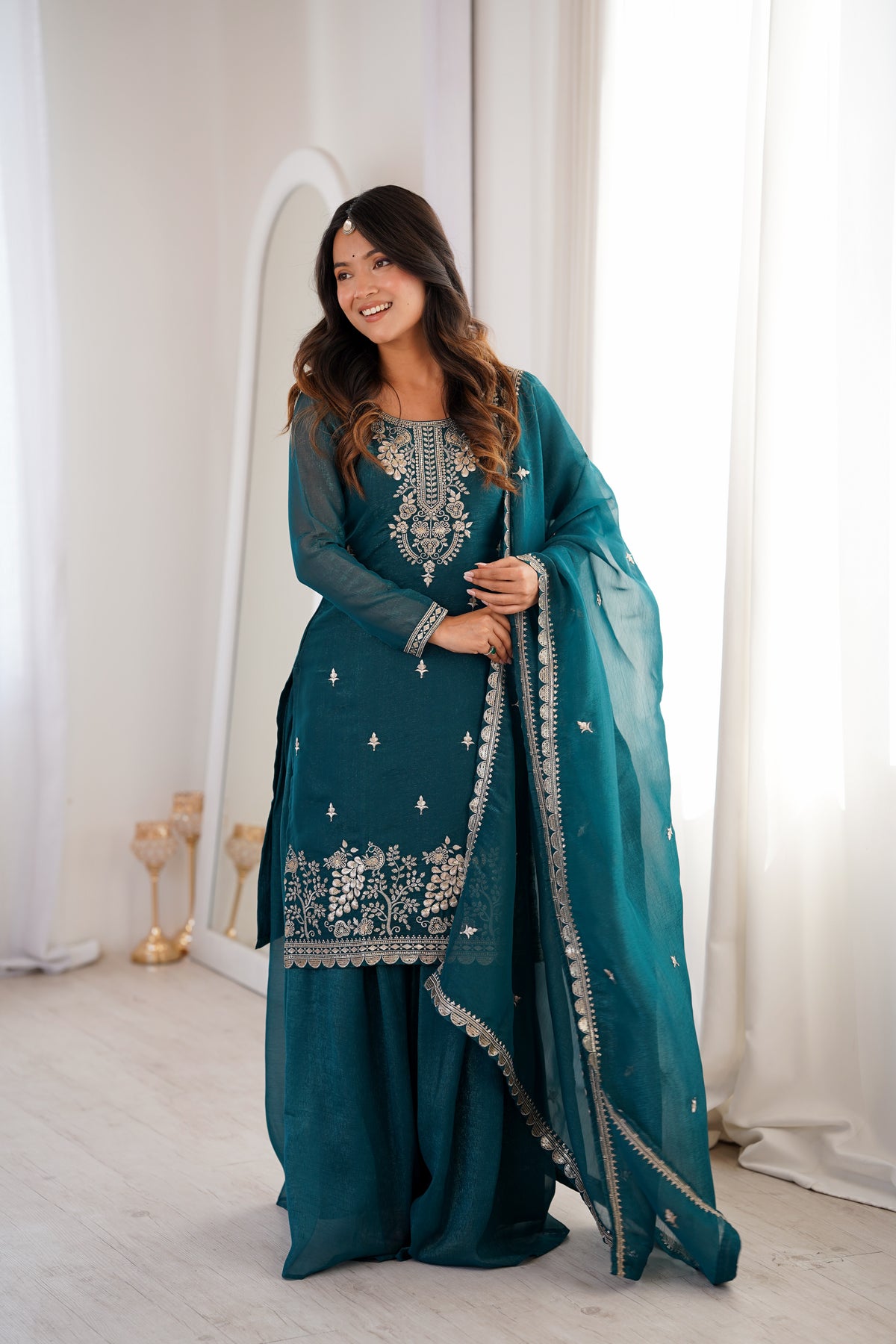 Premium Crunchy Silk Sharara Suit with Embroidery, Sequin & Jari Work