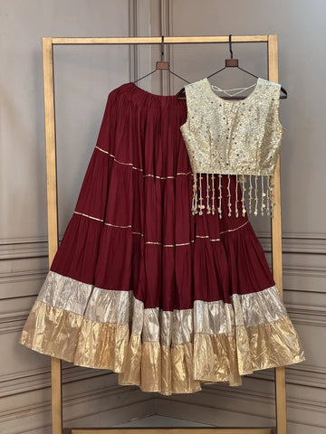 Premium Rayon Navratri Lehenga with Lampi Lace & Gold Organza Mirror Work Blouse